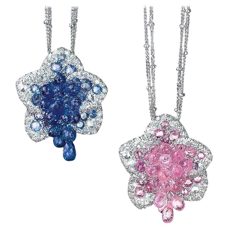 Cellini Exclusive 18 Karat WG Diamond & 8.88 Carat Pink Sapphire Flower Pendant For Sale
