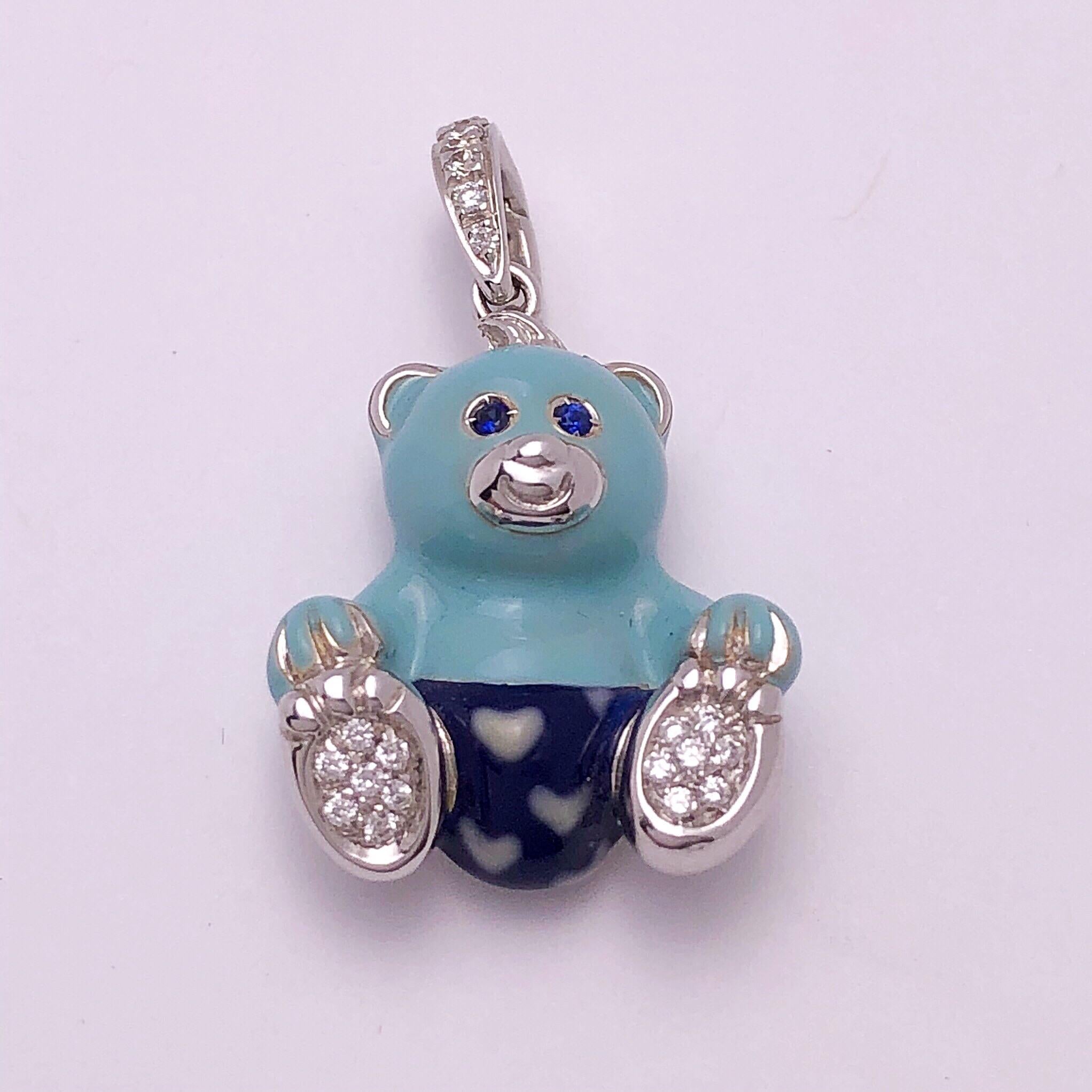 Cellini Exclusive 18 Karat White Gold, Diamond and Enamel Teddy Bear Charm In New Condition In New York, NY