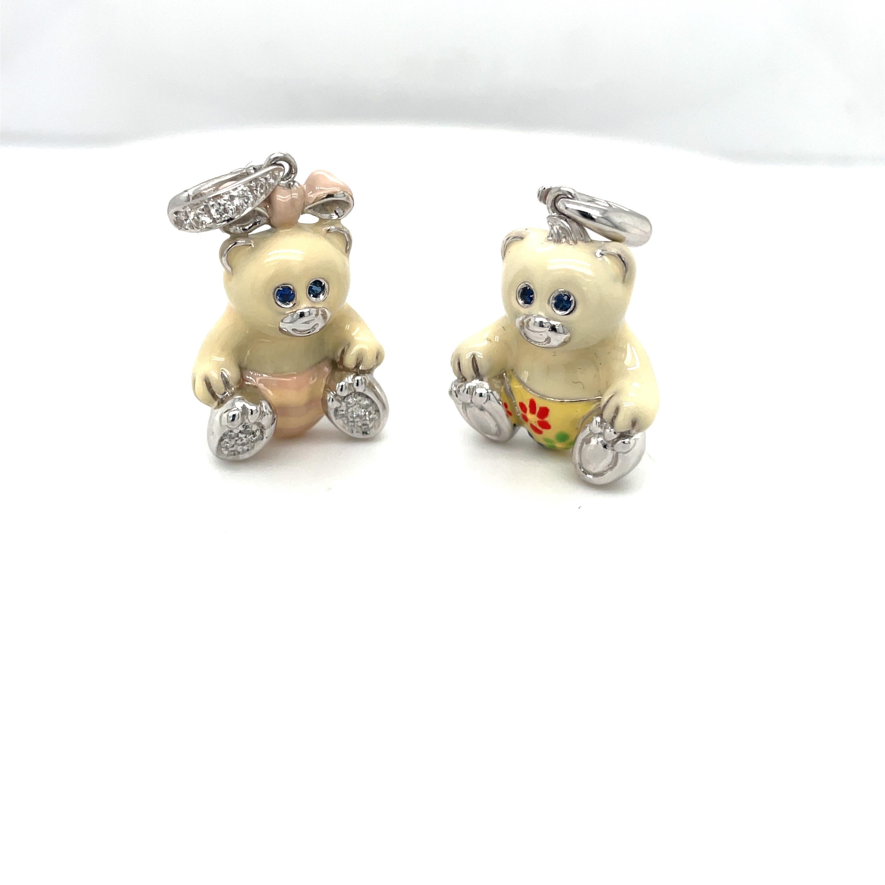 Just the cutest....Teddy bear charm made exclusively for Cellini by Ambrosi of Italy.

This 18 karat white gold teddy bear charm is crafted with a milky white enamel for the body. His outfit is a soft yellow with red, blue, and green flowers. He has