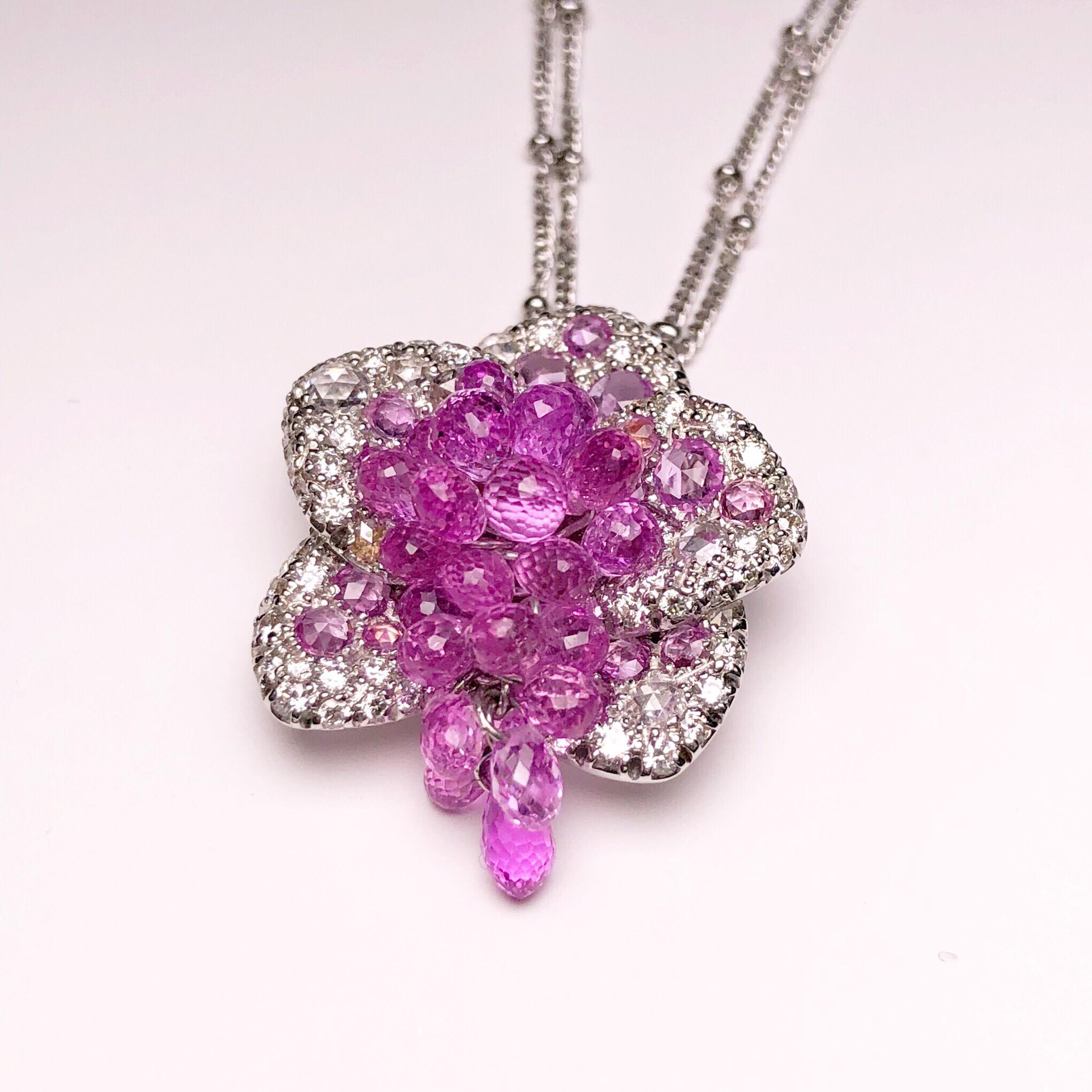 Contemporary Cellini Exclusive 18 Karat WG Diamond & 8.88 Carat Pink Sapphire Flower Pendant For Sale