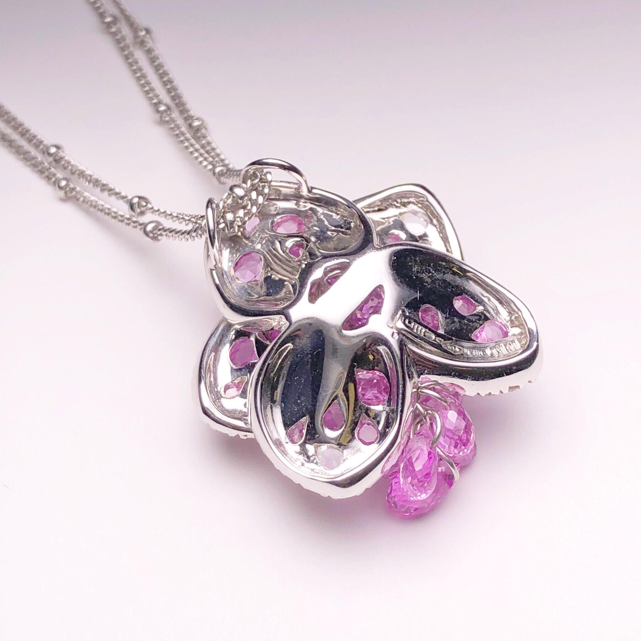 Rose Cut Cellini Exclusive 18 Karat WG Diamond & 8.88 Carat Pink Sapphire Flower Pendant For Sale