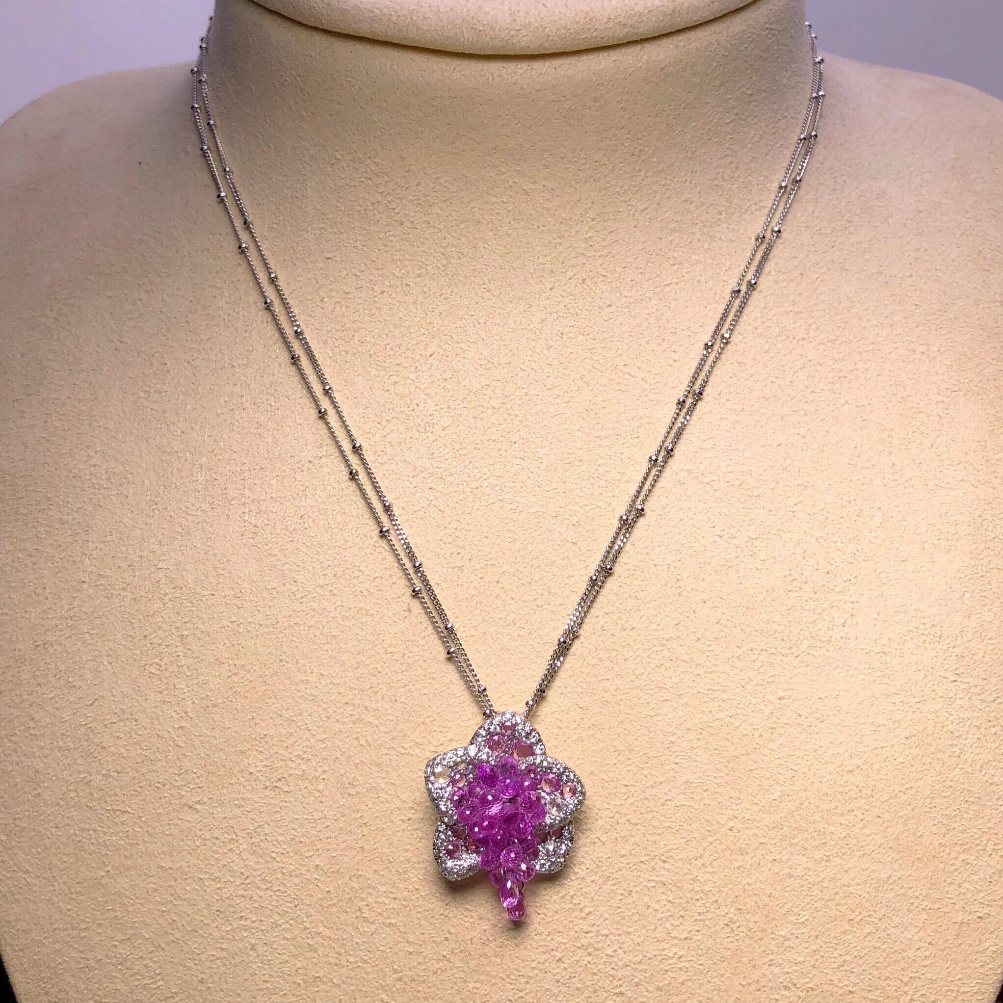 Cellini Exclusive 18 Karat WG Diamond & 8.88 Carat Pink Sapphire Flower Pendant In New Condition For Sale In New York, NY