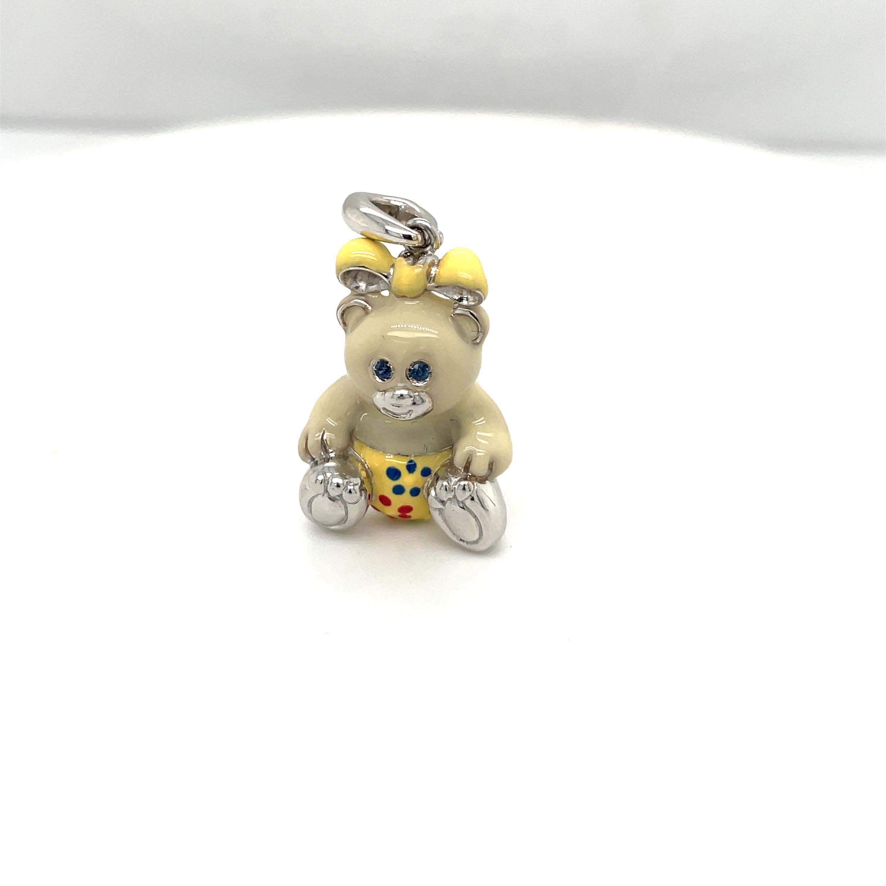 Modern Cellini Exclusive 18KT WG Enamel Girl Teddy Bear Charm For Sale