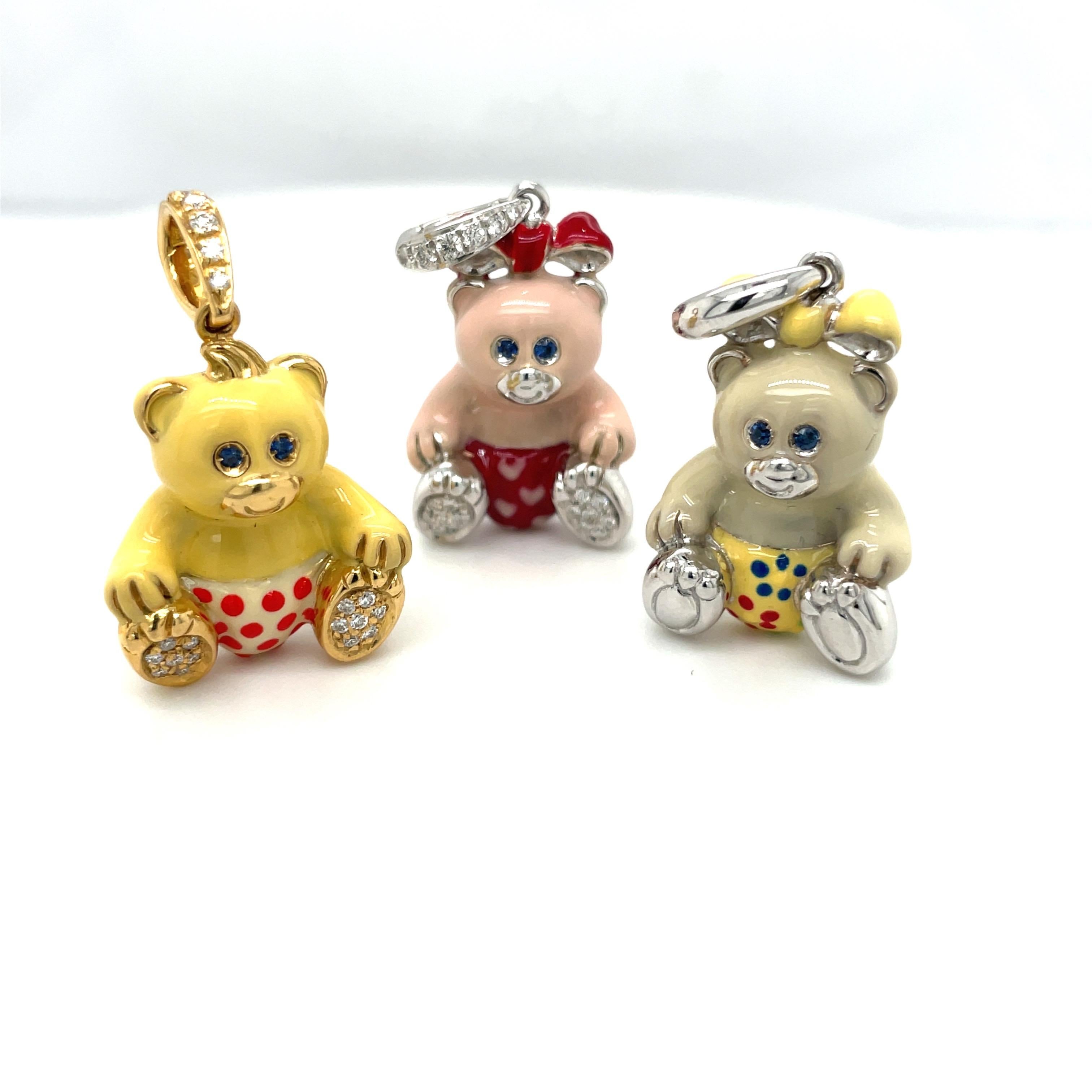 Cellini Exclusive 18KT WG Enamel Girl Teddy Bear Charm In New Condition For Sale In New York, NY