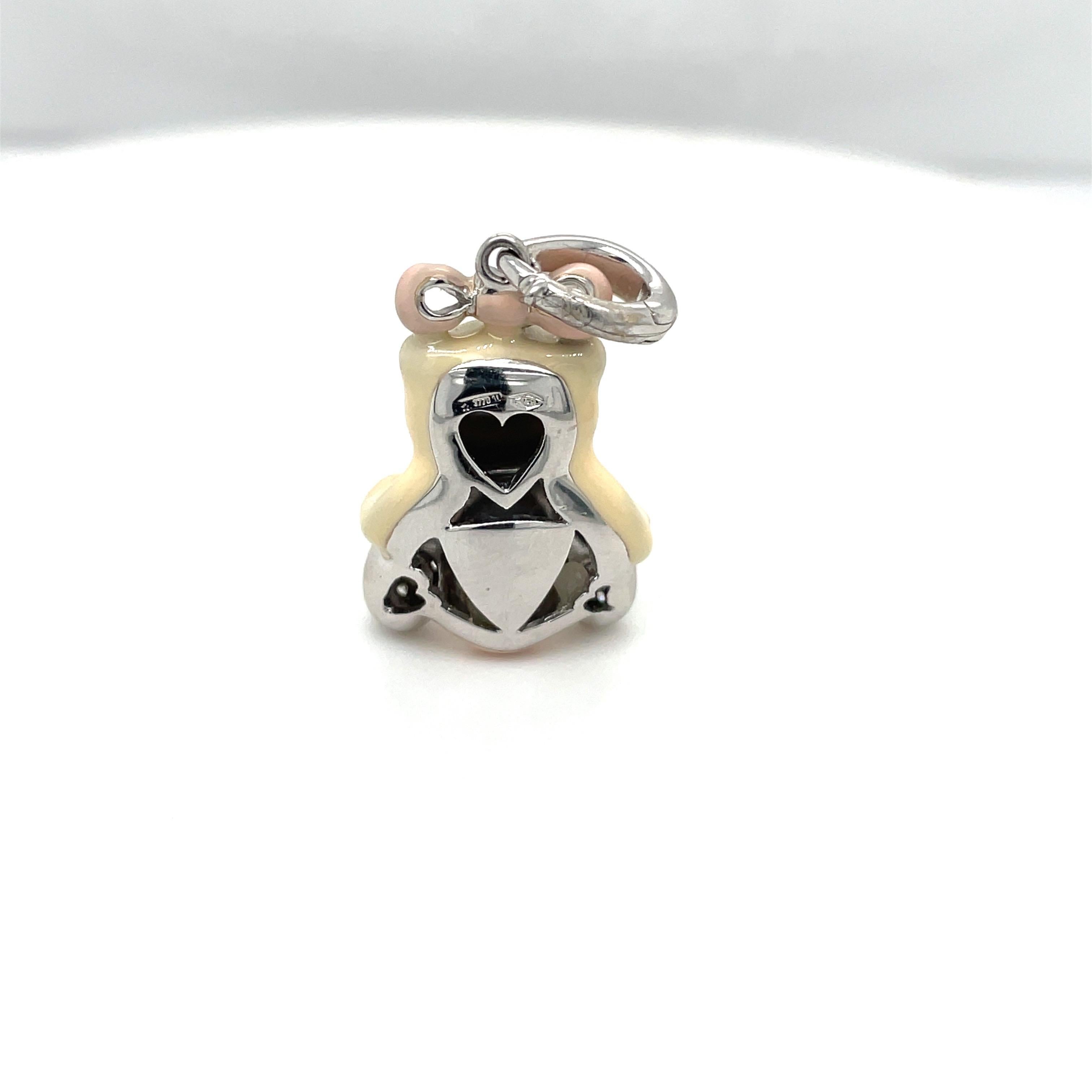 Modern Cellini Exclusive 18KT White Gold 0.16Ct. Diamond Enamel Girl Teddy Bear Charm For Sale