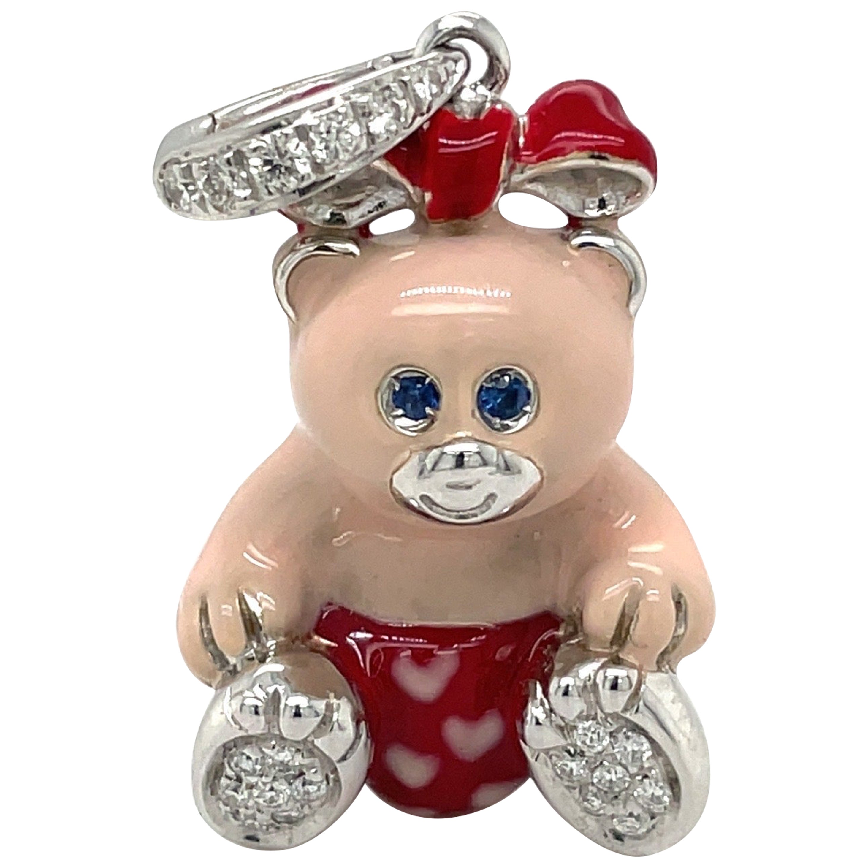 Cellini Exclusive Or blanc 18 carats 0,16 carat Breloque ours en émail et diamants en forme de petite fille en forme d'ours