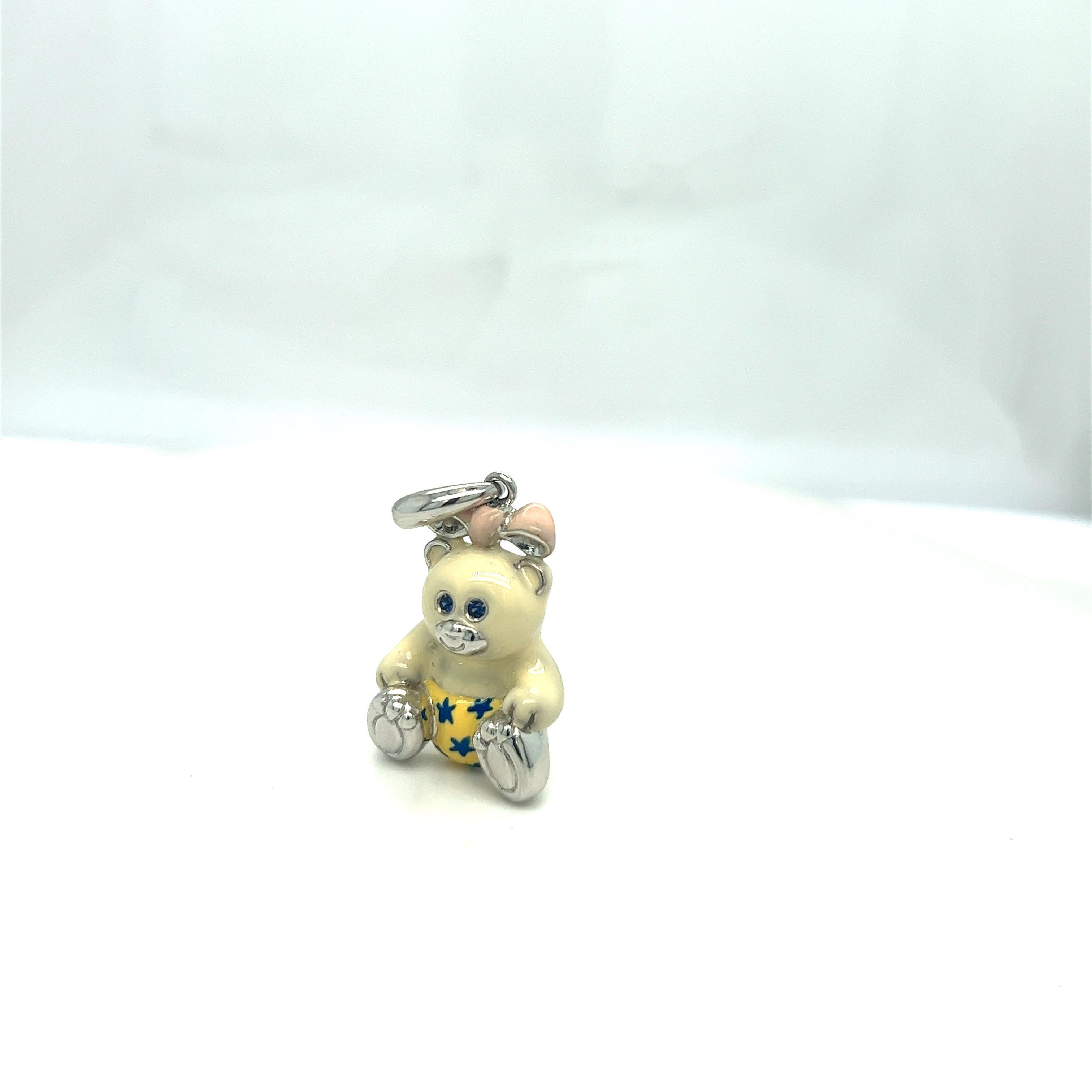 Modern Cellini Exclusive 18KT White Gold and Enamel Teddy Bear Charm For Sale