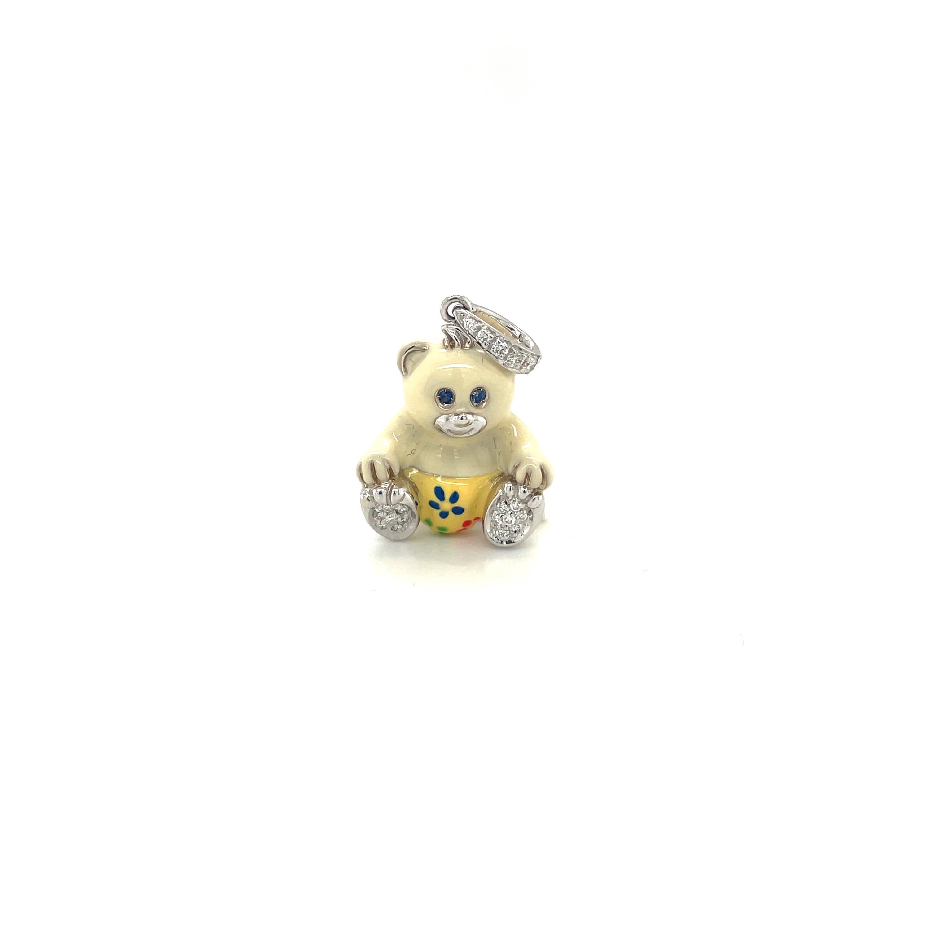 Modern Cellini Exclusive 18KT White Gold Diamond 0.16CT and Enamel Teddy Bear Charm For Sale