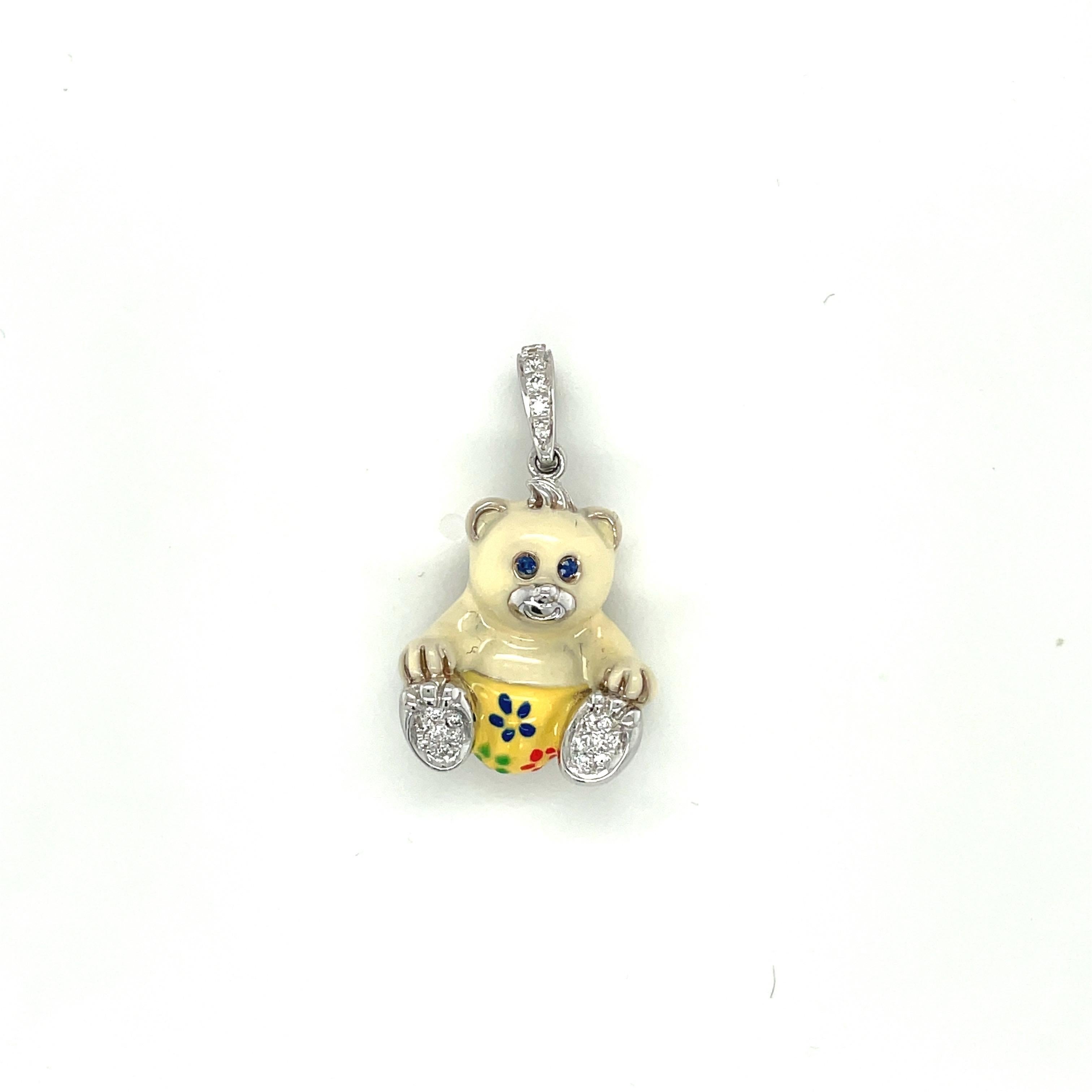 Round Cut Cellini Exclusive 18KT White Gold Diamond 0.16CT and Enamel Teddy Bear Charm For Sale