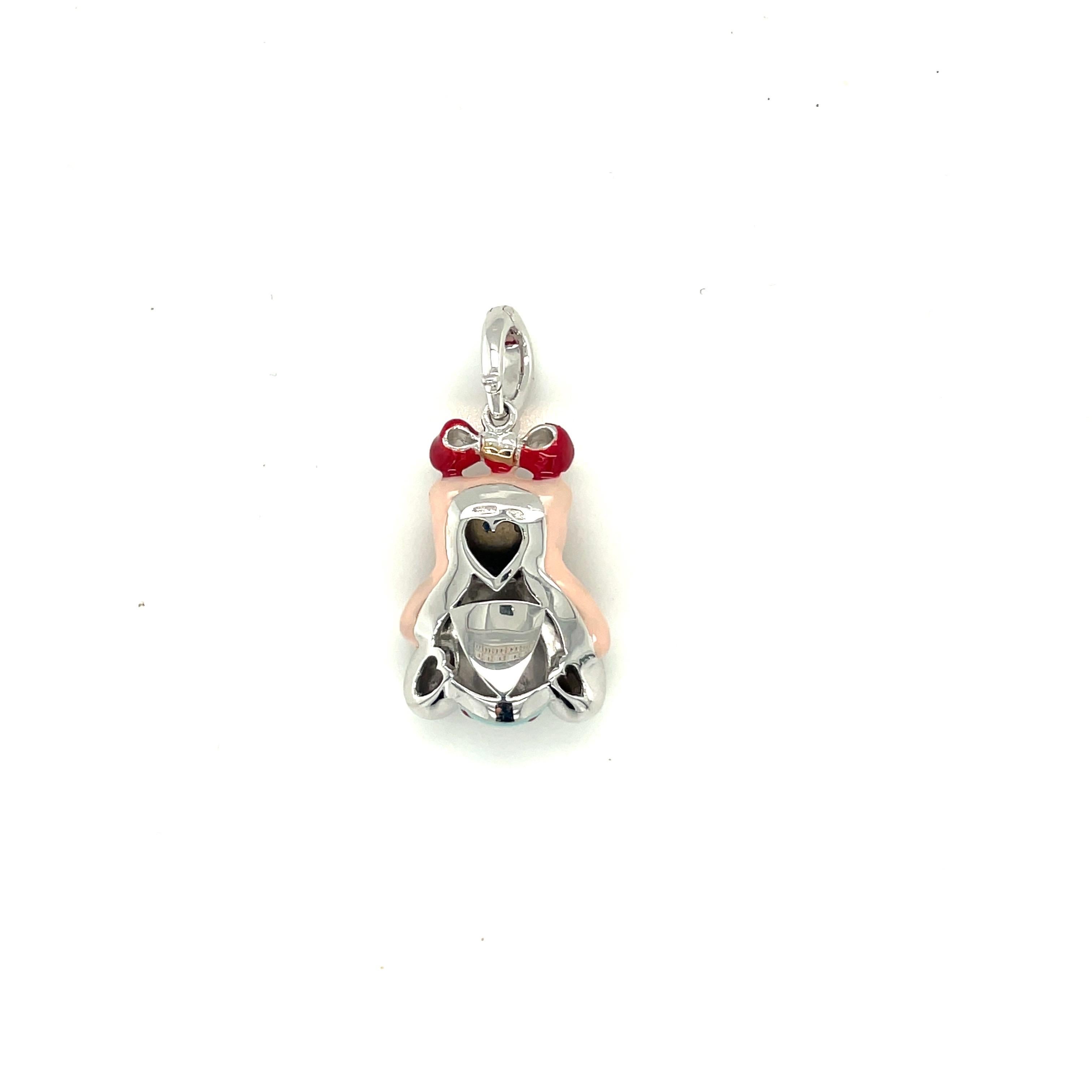 Modern Cellini Exclusive 18KT White Gold Enamel Girl Teddy Bear Charm For Sale