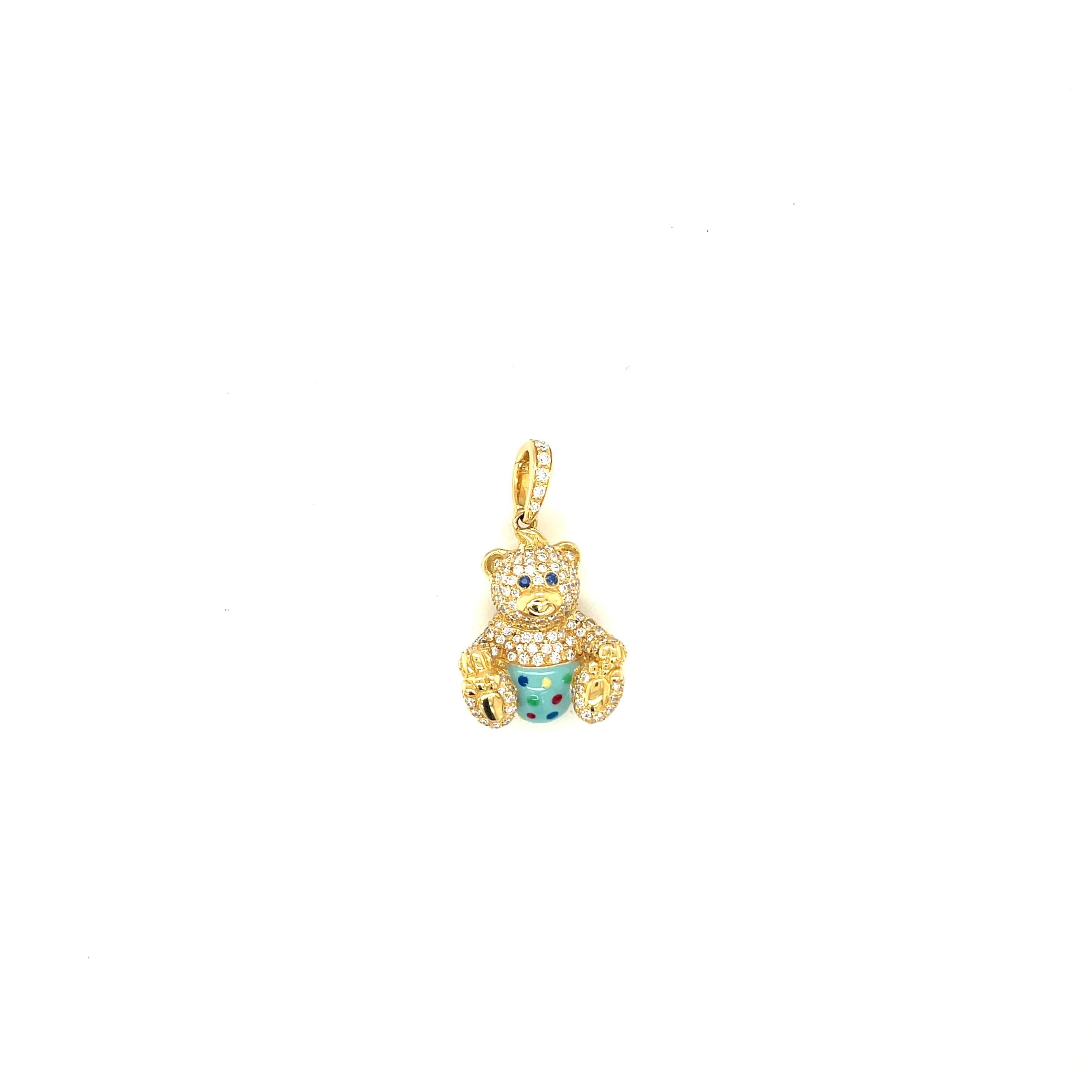 Cellini Exclusive Or jaune 18 carats 1,07 carat Breloque ours Boy Teddy Bear en émail et diamants Neuf - En vente à New York, NY