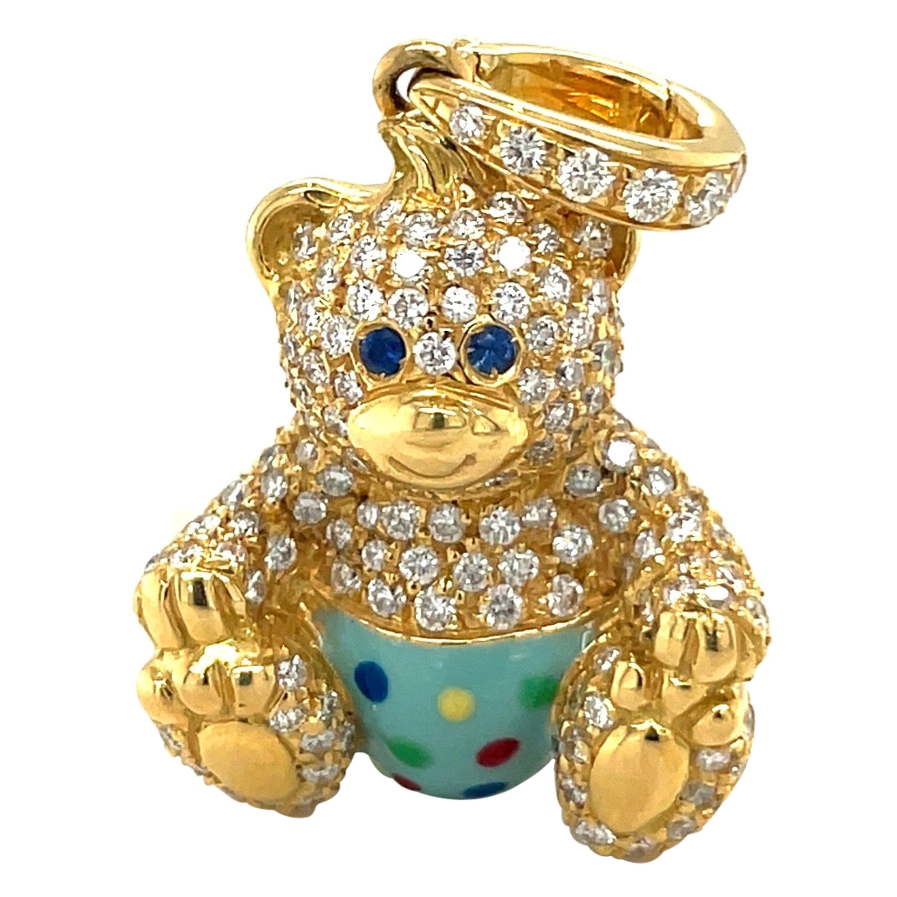 Cellini Exclusive 18KT Yellow Gold 1.07Ct. Diamond Enamel Boy Teddy Bear Charm
