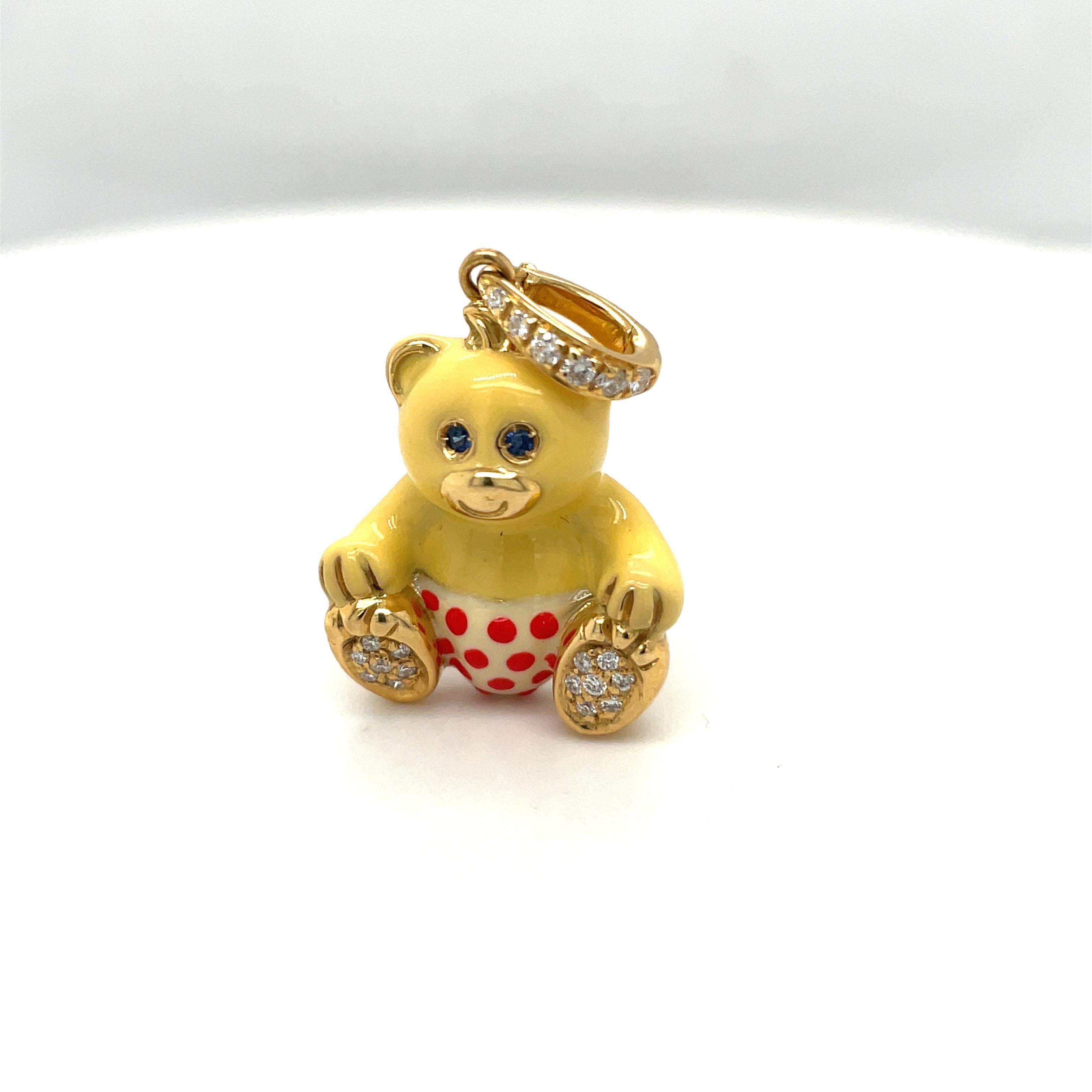 Modern Cellini Exclusive 18Kt Yellow Gold .16Ct Diamond Enamel Boy Teddy Bear Charm