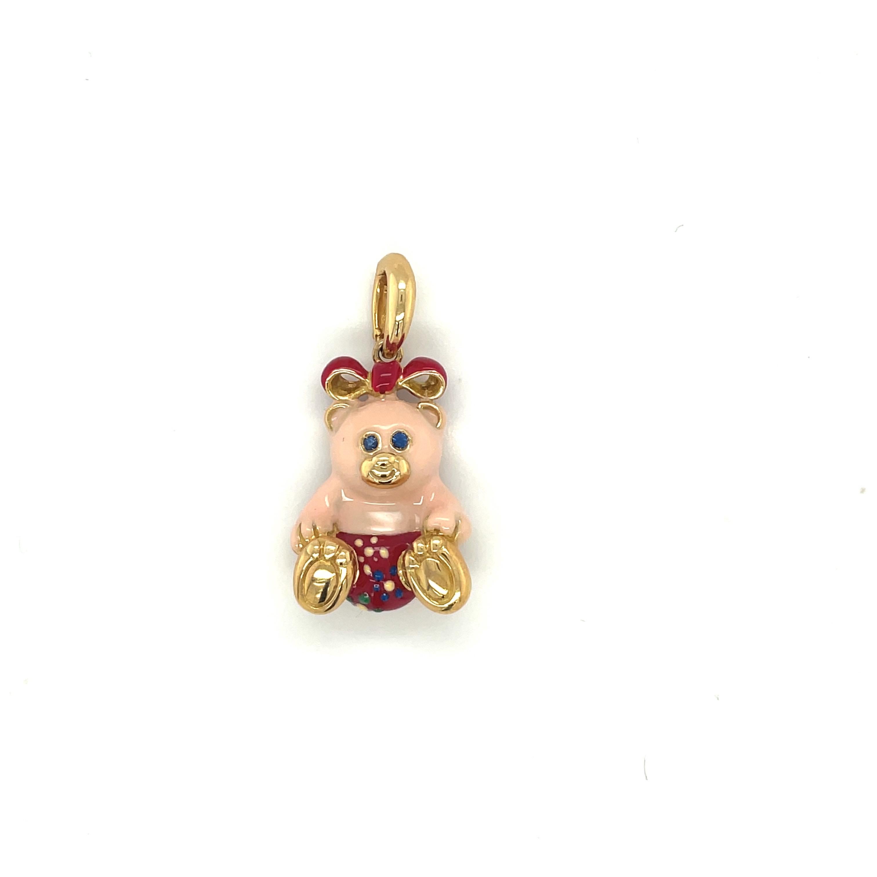 Modern Cellini Exclusive 18KT Yellow Gold and Enamel Teddy Bear Charm For Sale