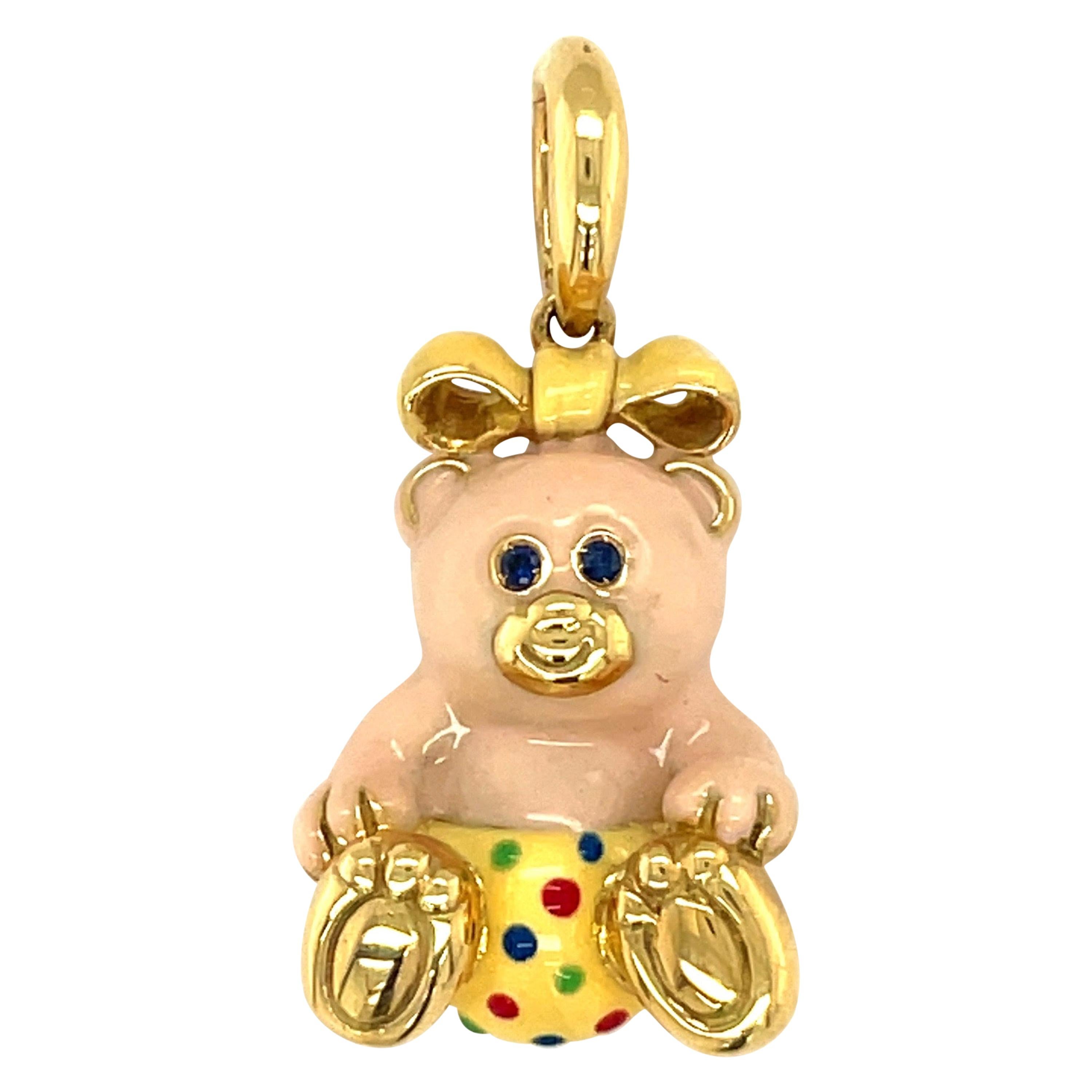 Cellini Exclusive 18KT Yellow Gold Enamel Girl Teddy Bear Charm For Sale