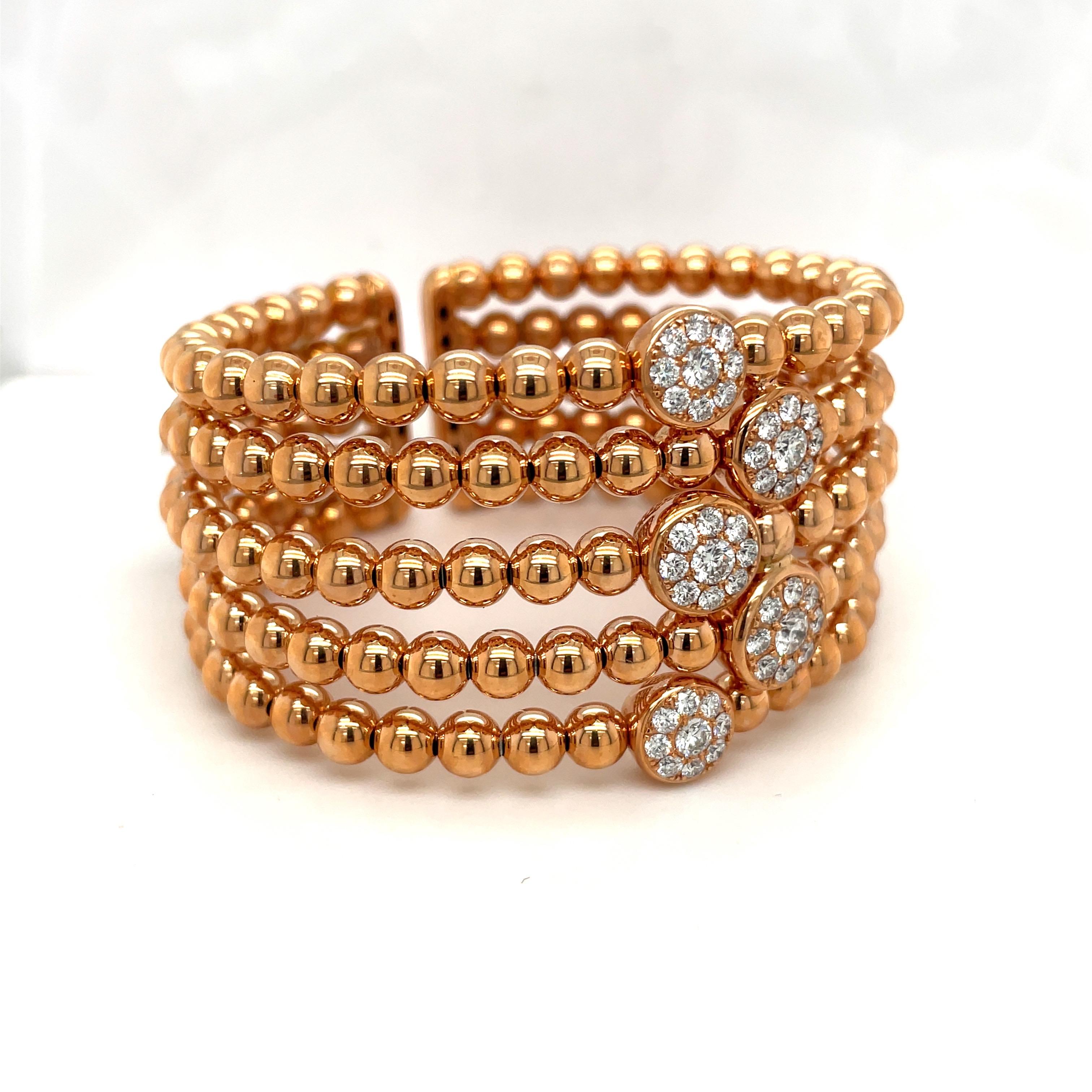 Cellini, or rose 18 carats à cinq rangées de perles, 2,19 carats Bracelet manchette diamants Neuf - En vente à New York, NY