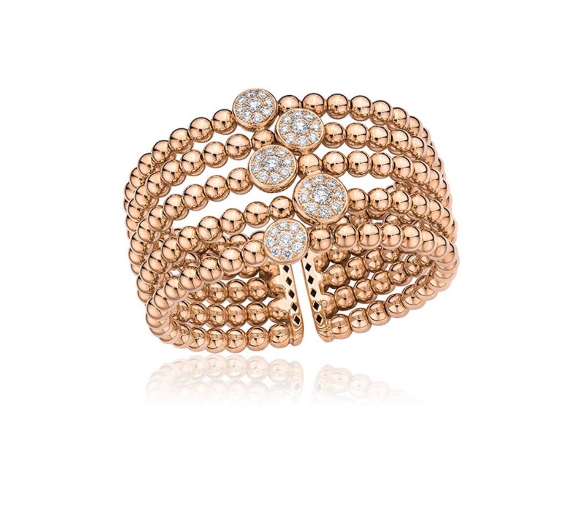 Cellini, or rose 18 carats à cinq rangées de perles, 2,19 carats Bracelet manchette diamants en vente 1