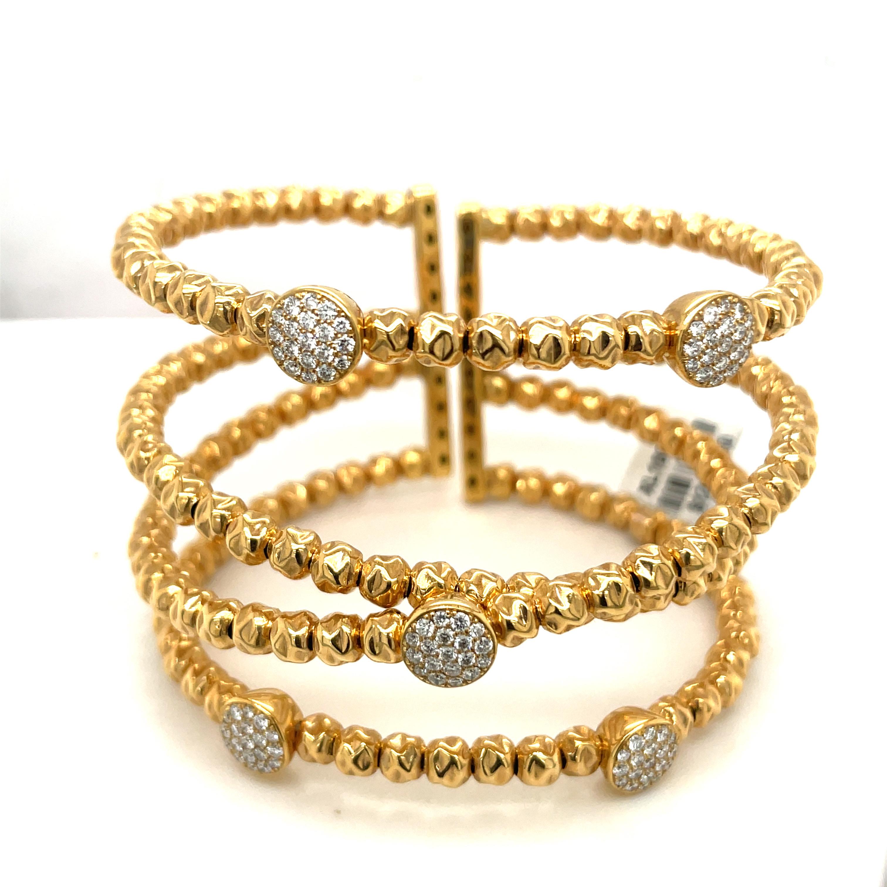 Modern Cellini Four Row Beaded 18KT Rose Gold 1.16CT Diamond Cuff Bracelet For Sale