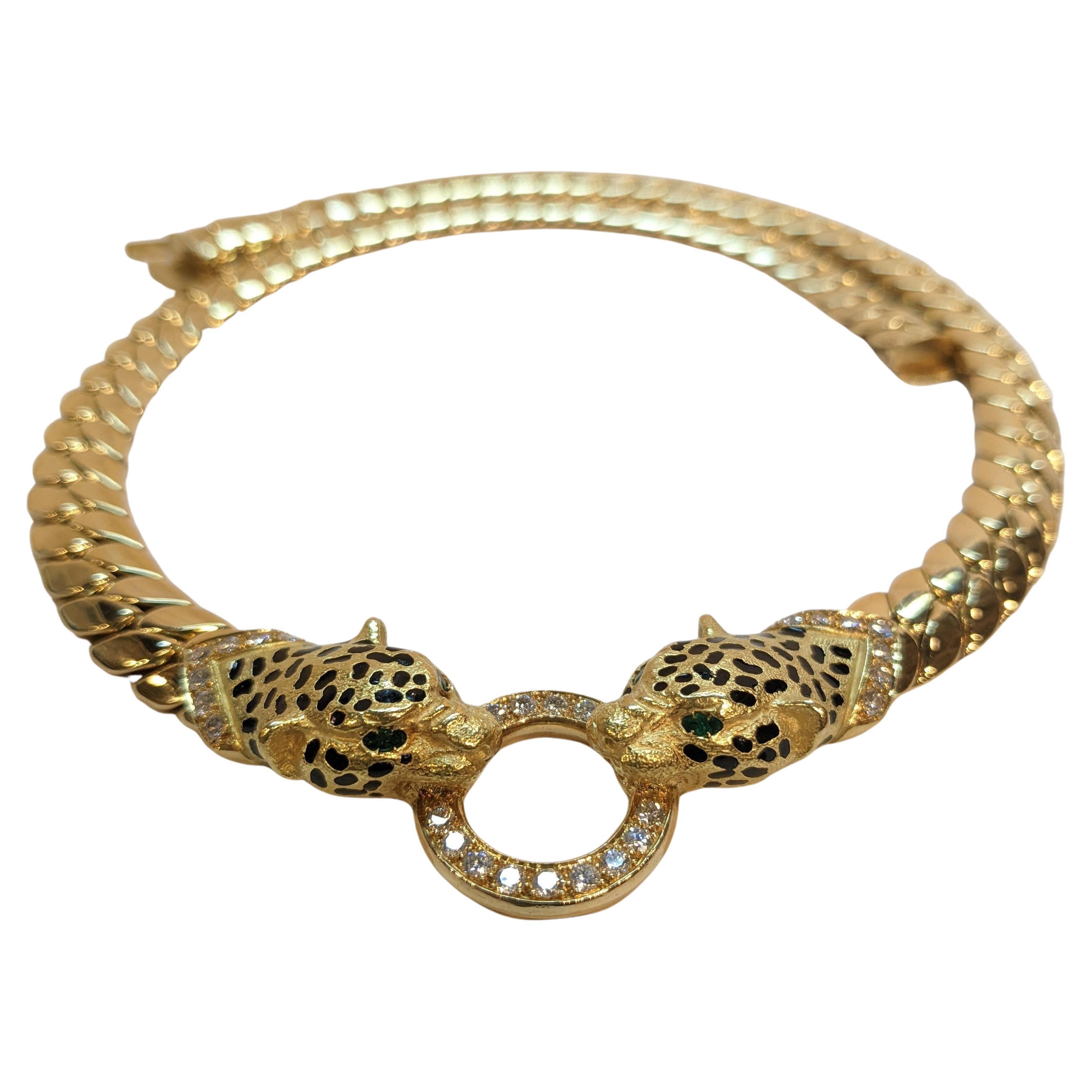 Cellini France 90´s Yellow Gold, diamonds, emerald and enamel panthere bracelet For Sale 4