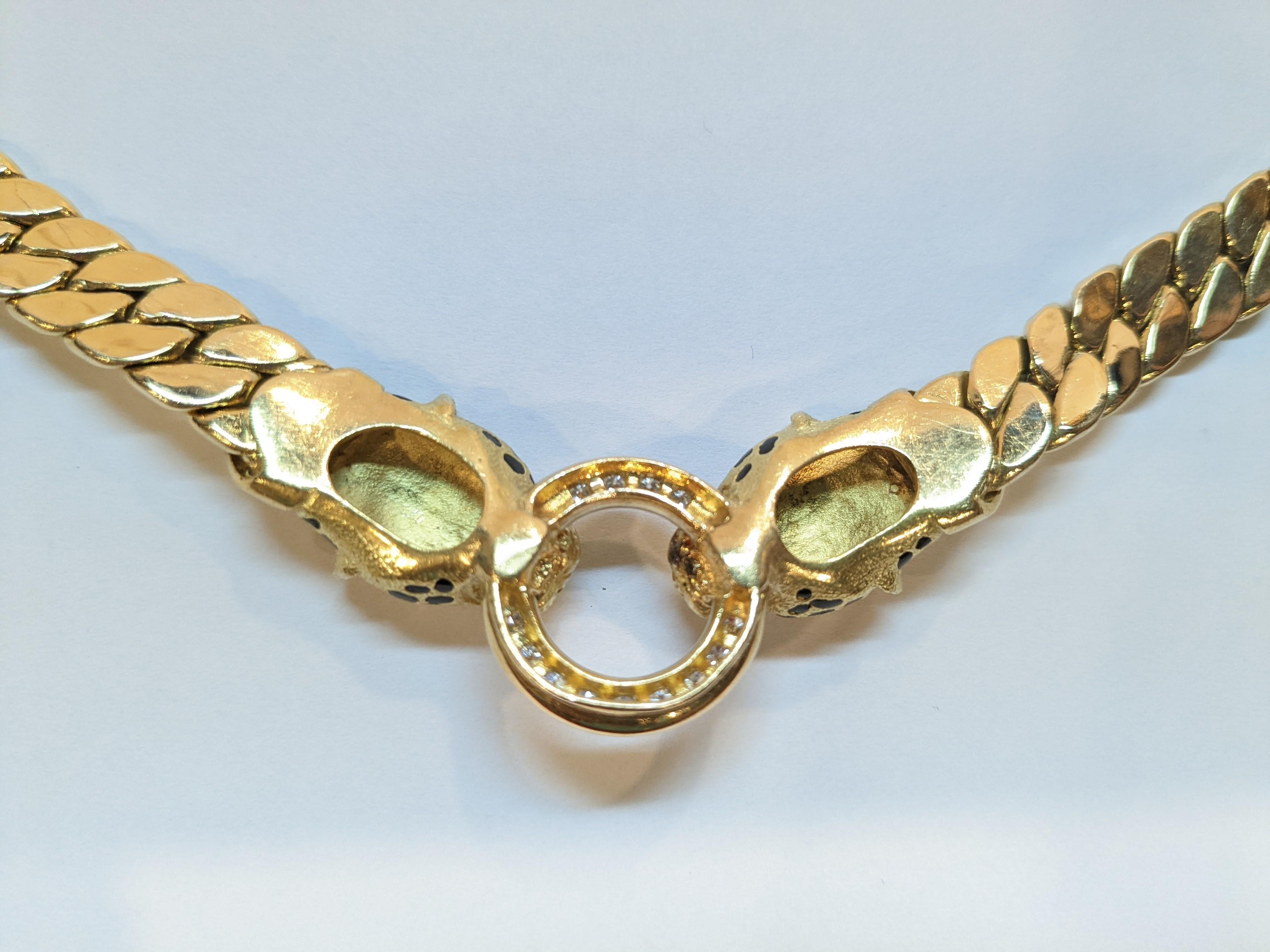 Cellini France 90´s Yellow Gold, diamonds, emerald and enamel panthere bracelet For Sale 6