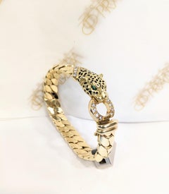 Pulsera pantera Cellini France años 90 Oro amarillo, diamantes, esmeralda y esmalte