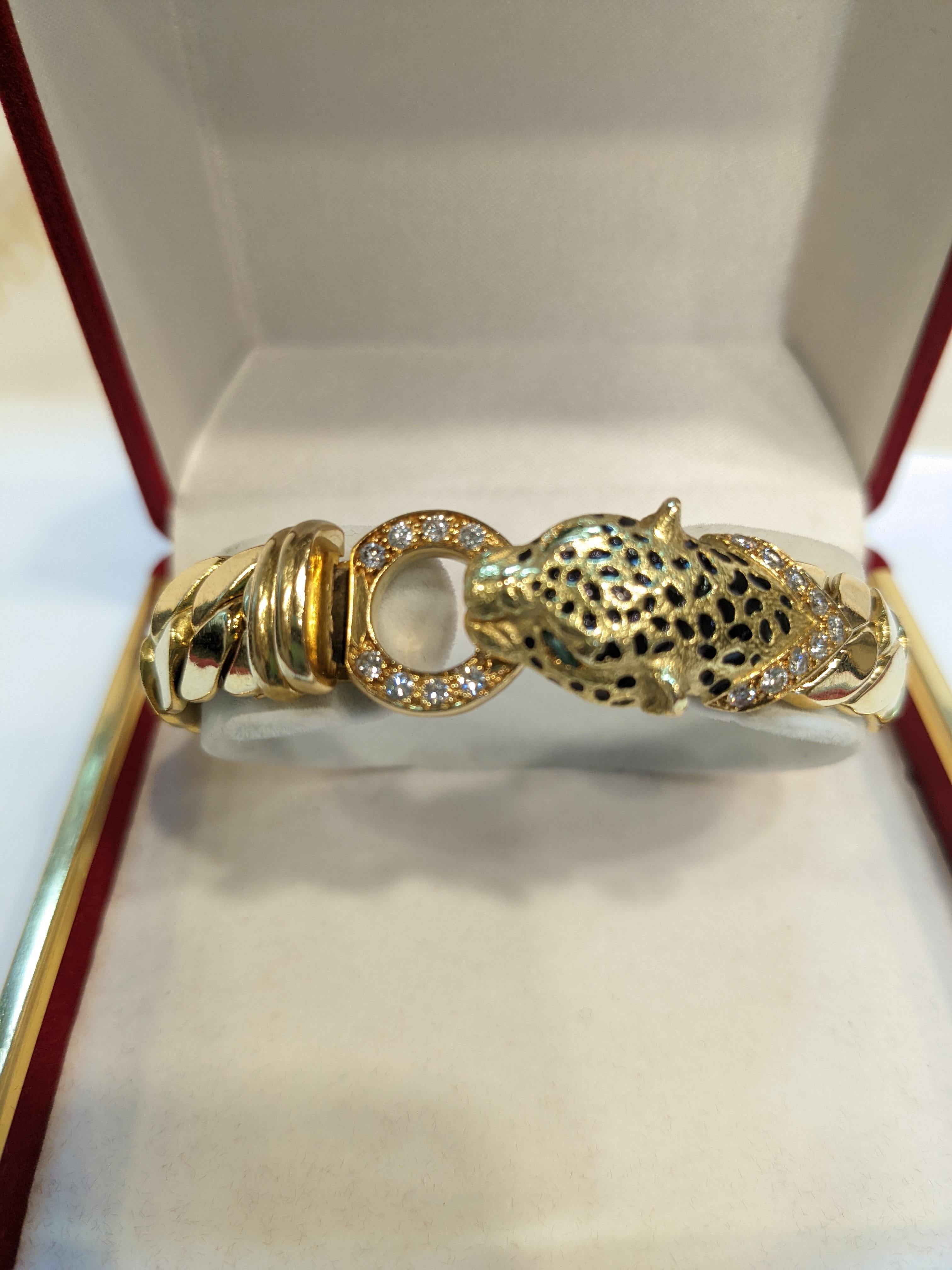 Cellini France 90´s Yellow Gold, diamonds, emerald and enamel panthere bracelet In Excellent Condition For Sale In Bilbao, ES