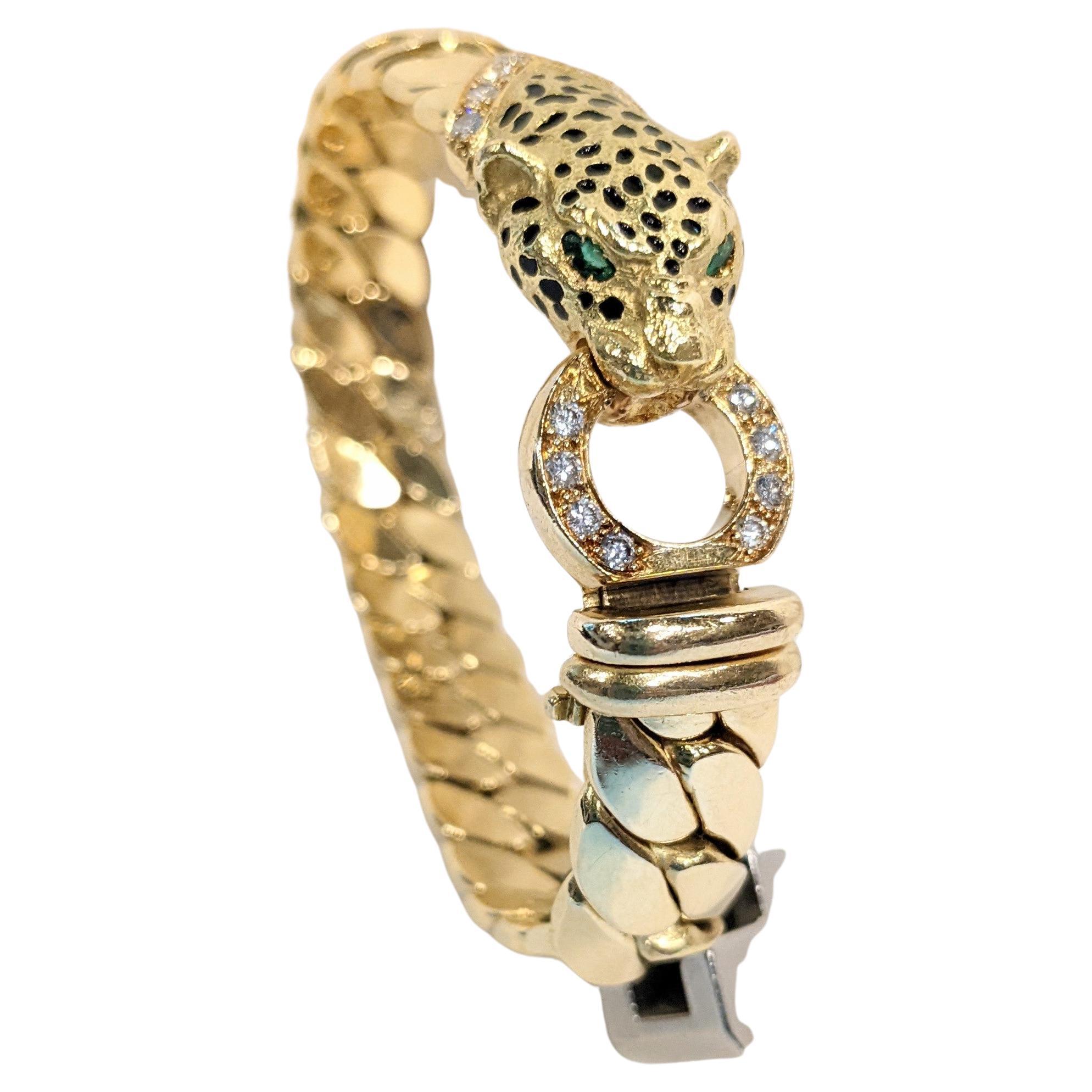 Women's or Men's Cellini France 90´s Yellow Gold, diamonds, emerald and enamel panthere bracelet For Sale