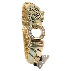 Cellini France 90´s Yellow Gold, diamonds, emerald and enamel panthere bracelet