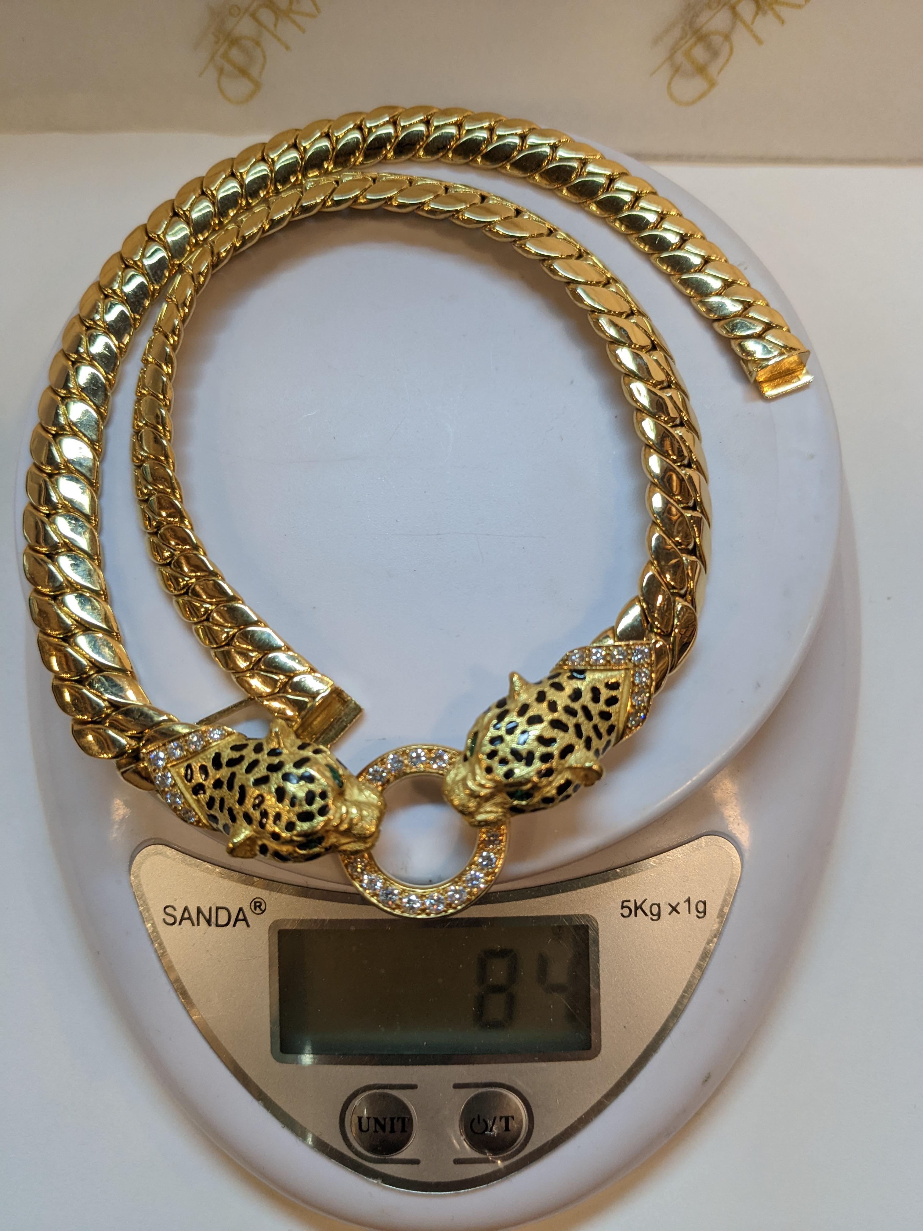Cellini France 90´s Oro giallo 18k, diamanti, smeraldo e  collana panthere in vendita 8