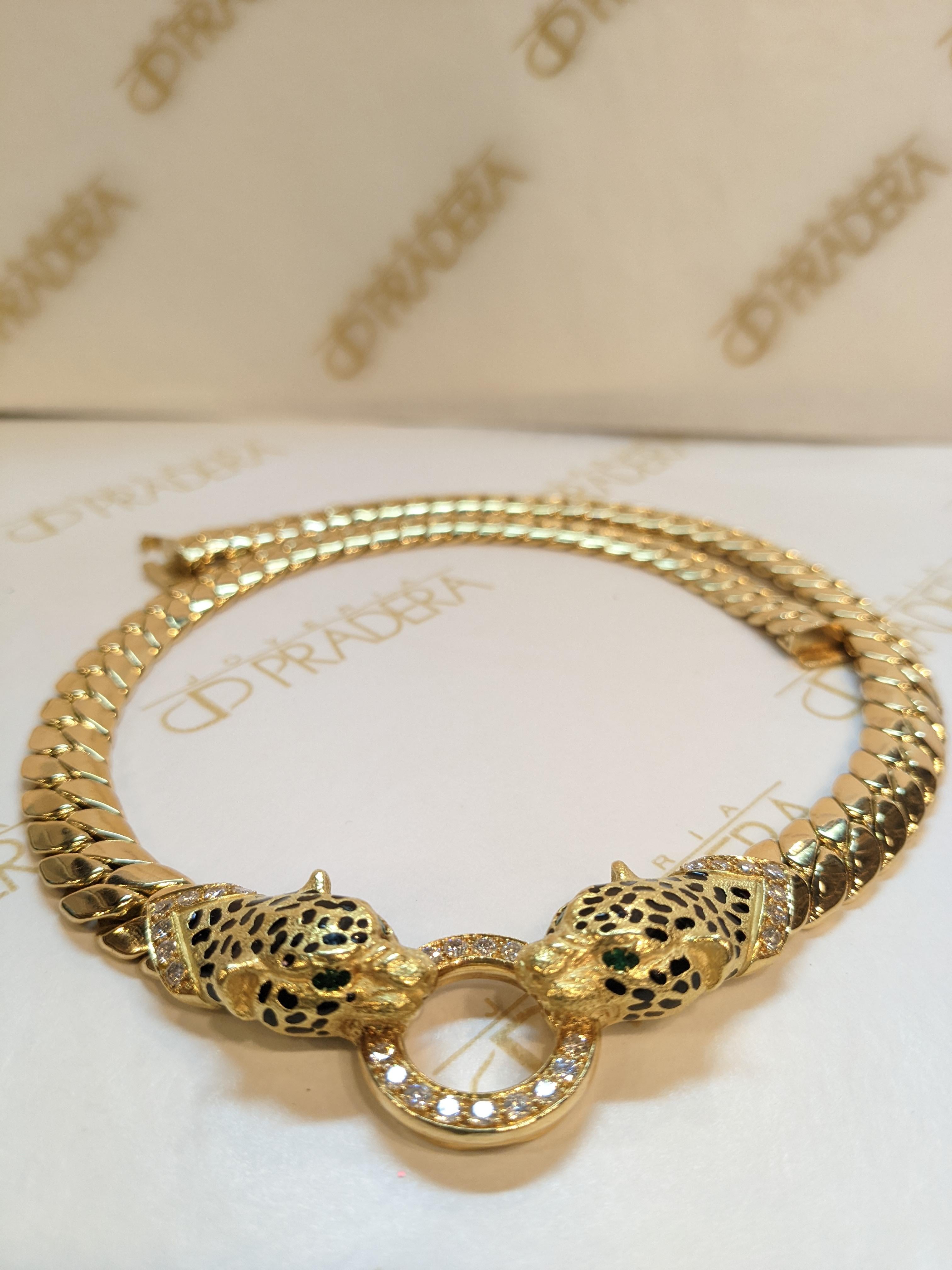 Contemporaneo Cellini France 90´s Oro giallo 18k, diamanti, smeraldo e  collana panthere in vendita
