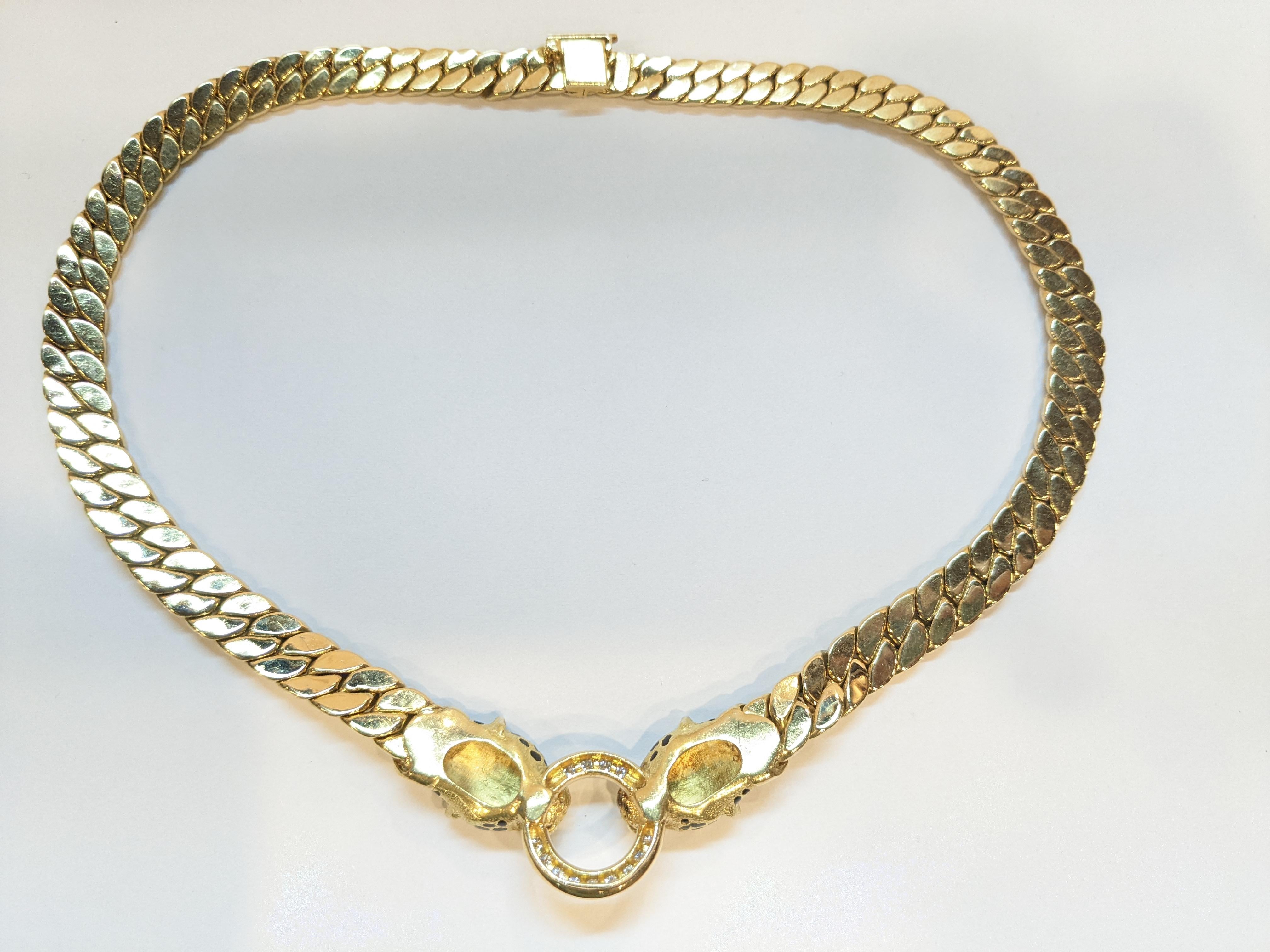 Cellini France 90´s Oro giallo 18k, diamanti, smeraldo e  collana panthere in vendita 1
