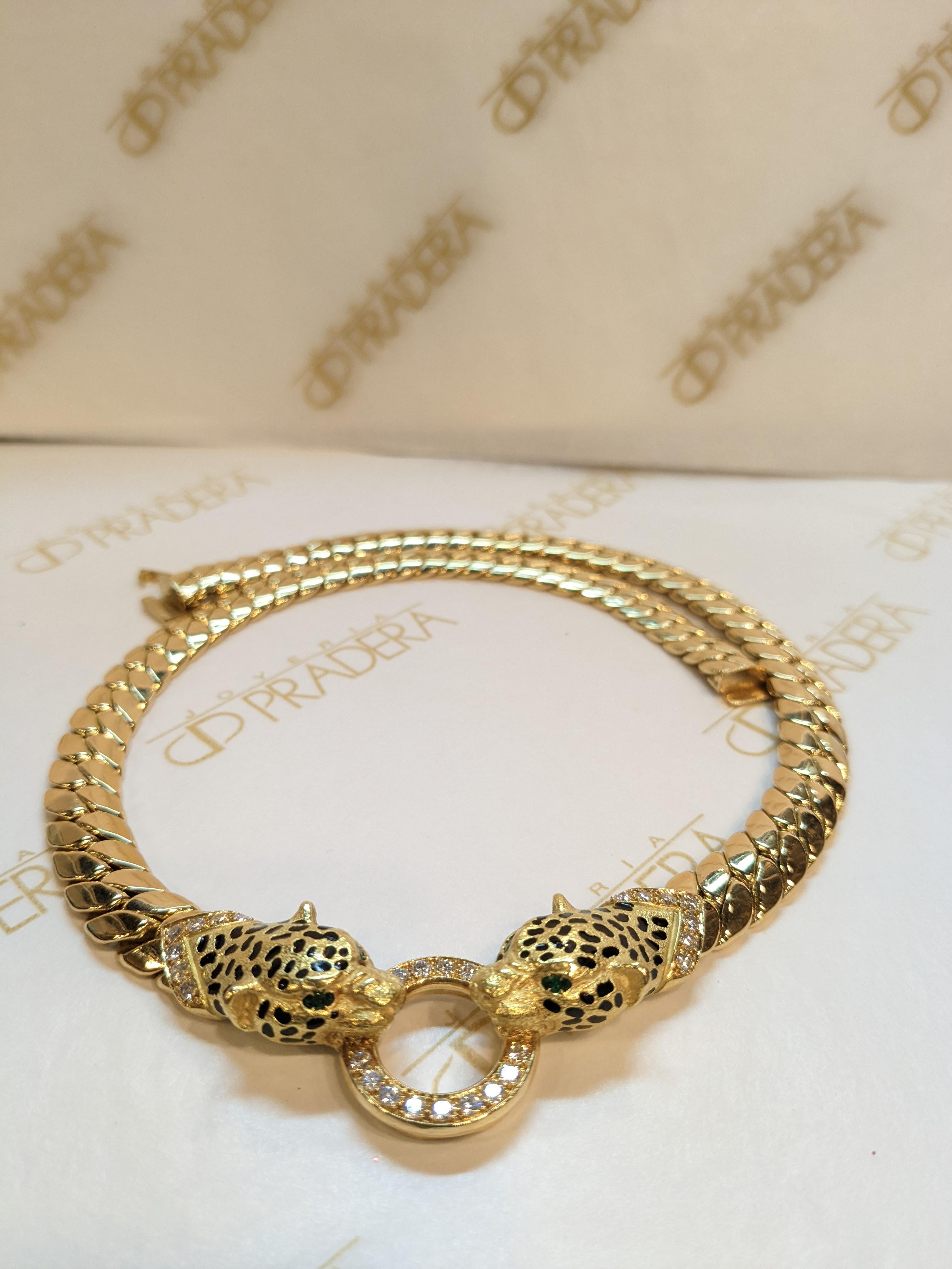 Cellini France 90´s Oro giallo 18k, diamanti, smeraldo e  collana panthere in vendita 3