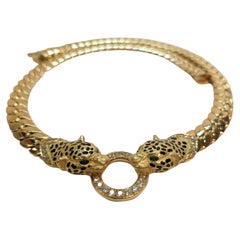 Cellini France 90´s 18k Yellow Gold, diamonds, emerald and  panthere necklace