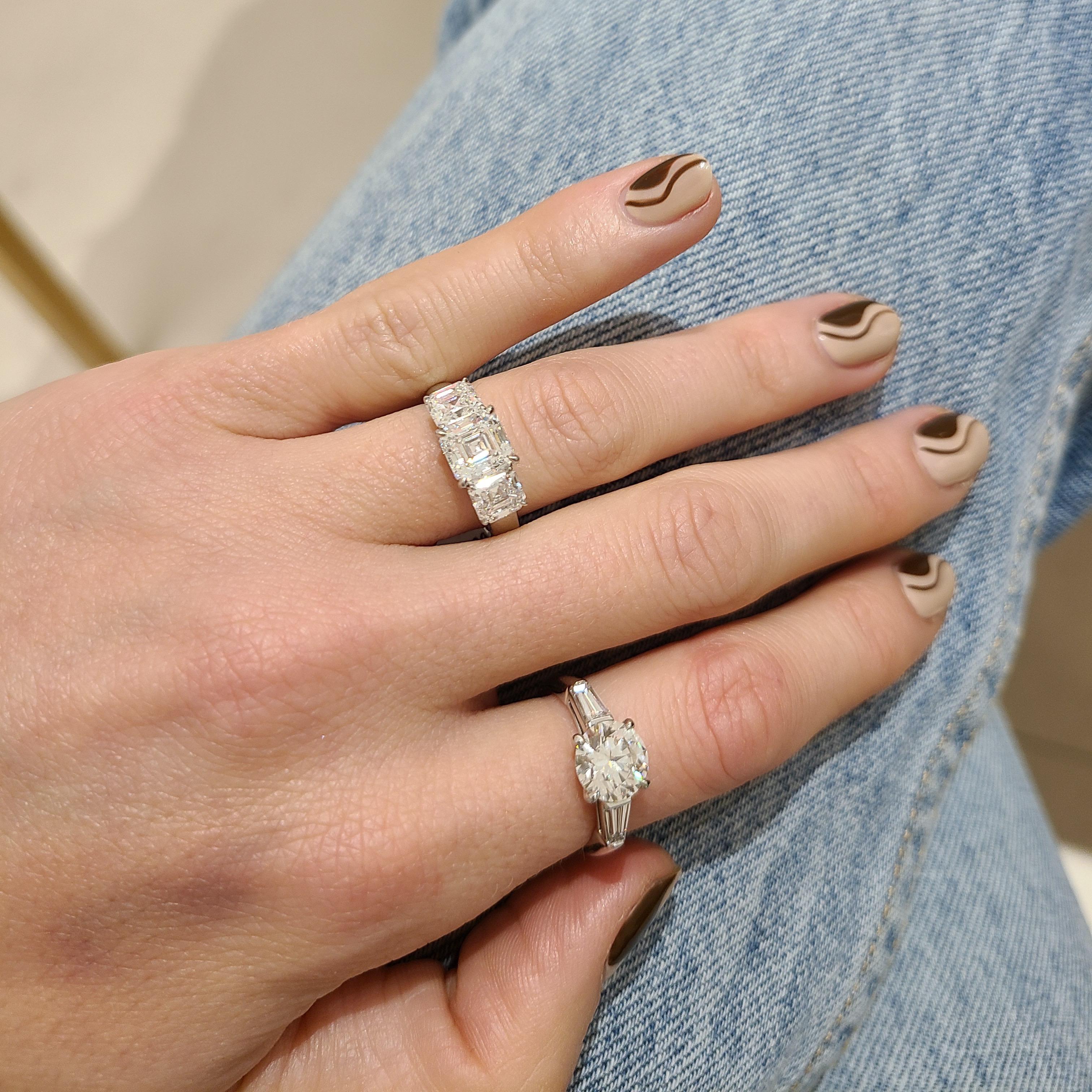 Cellini GIA Certified 3 Stone Square Emerald Cut E color Diamond Ring For Sale 5