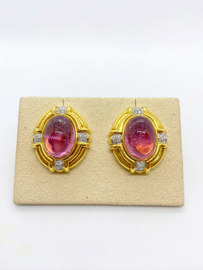 Contemporary Cellini Jewelers 18 Karat Gold 22 Carat Oval Cabochon Pink Tourmaline Earrings For Sale