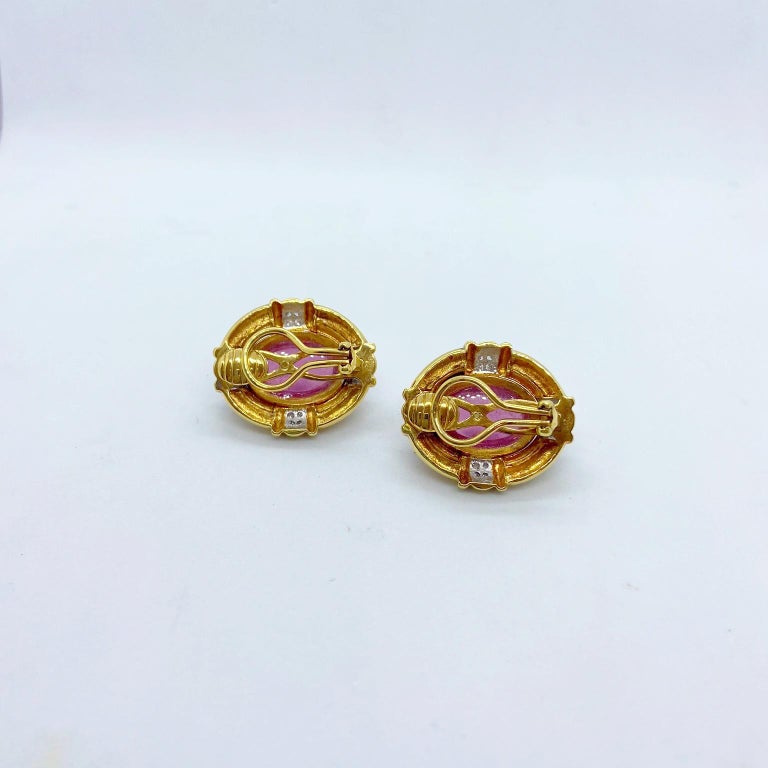 Oval Cut Cellini Jewelers 18 Karat Gold 22 Carat Oval Cabochon Pink Tourmaline Earrings For Sale
