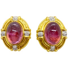 Cellini Jewelers Boucles d'oreilles en or 18 carats et tourmaline rose cabochon ovale 22 carats