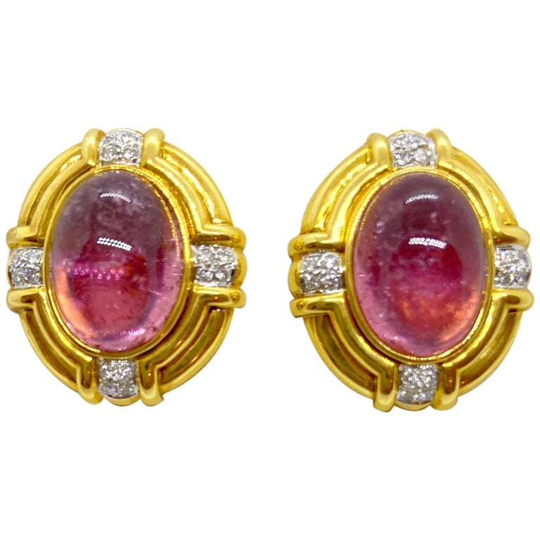 Cellini Jewelers 18 Karat Gold 22 Carat Oval Cabochon Pink Tourmaline Earrings For Sale