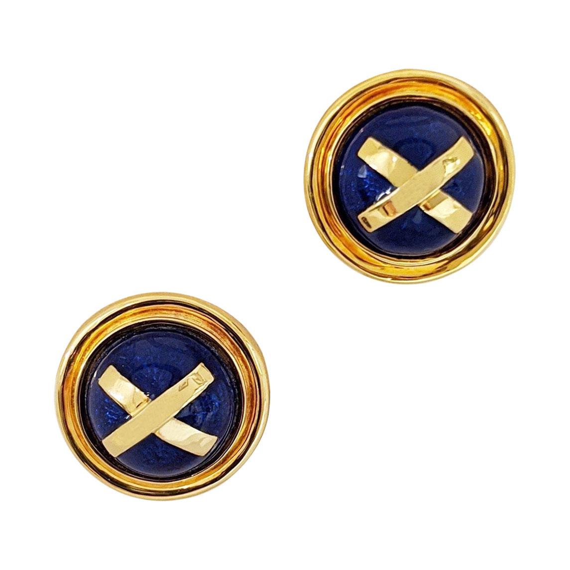 Cellini Jewelers 18 Karat Gold Earrings with Blue Enamel and Yellow Gold "X"