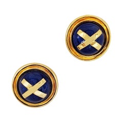 Vintage Cellini Jewelers 18 Karat Gold Earrings with Blue Enamel and Yellow Gold "X"