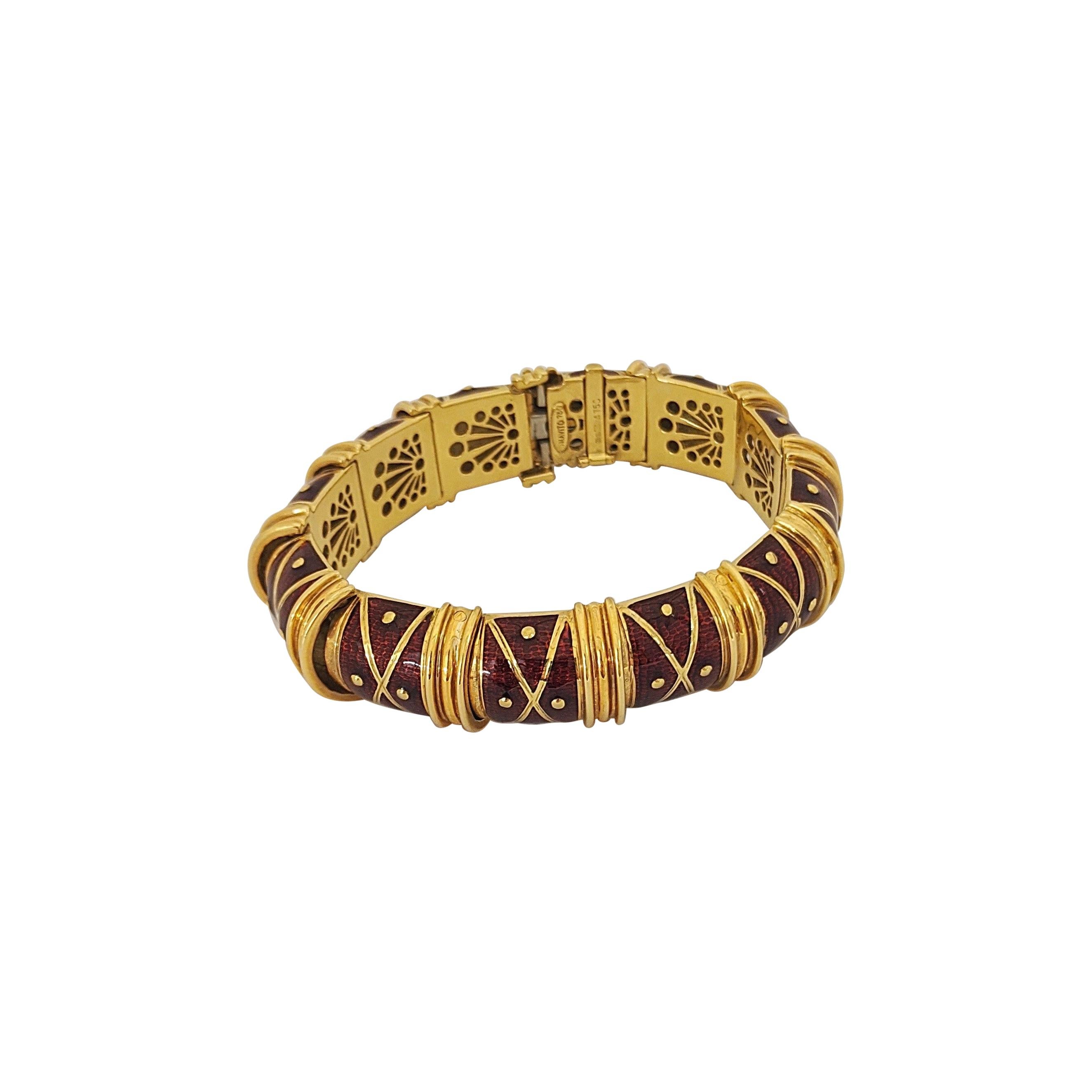 Cellini Jewelers 18 Karat Yellow Gold and Red Enamel Bracelet For Sale