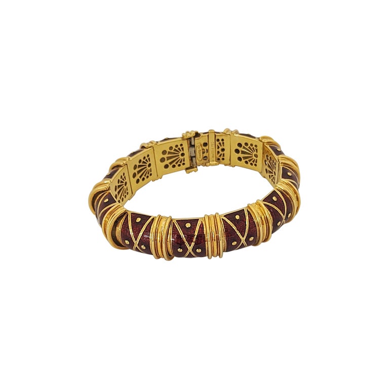 Cellini Jewellers 18 Karat Yellow Gold and Red Enamel Bracelet For Sale