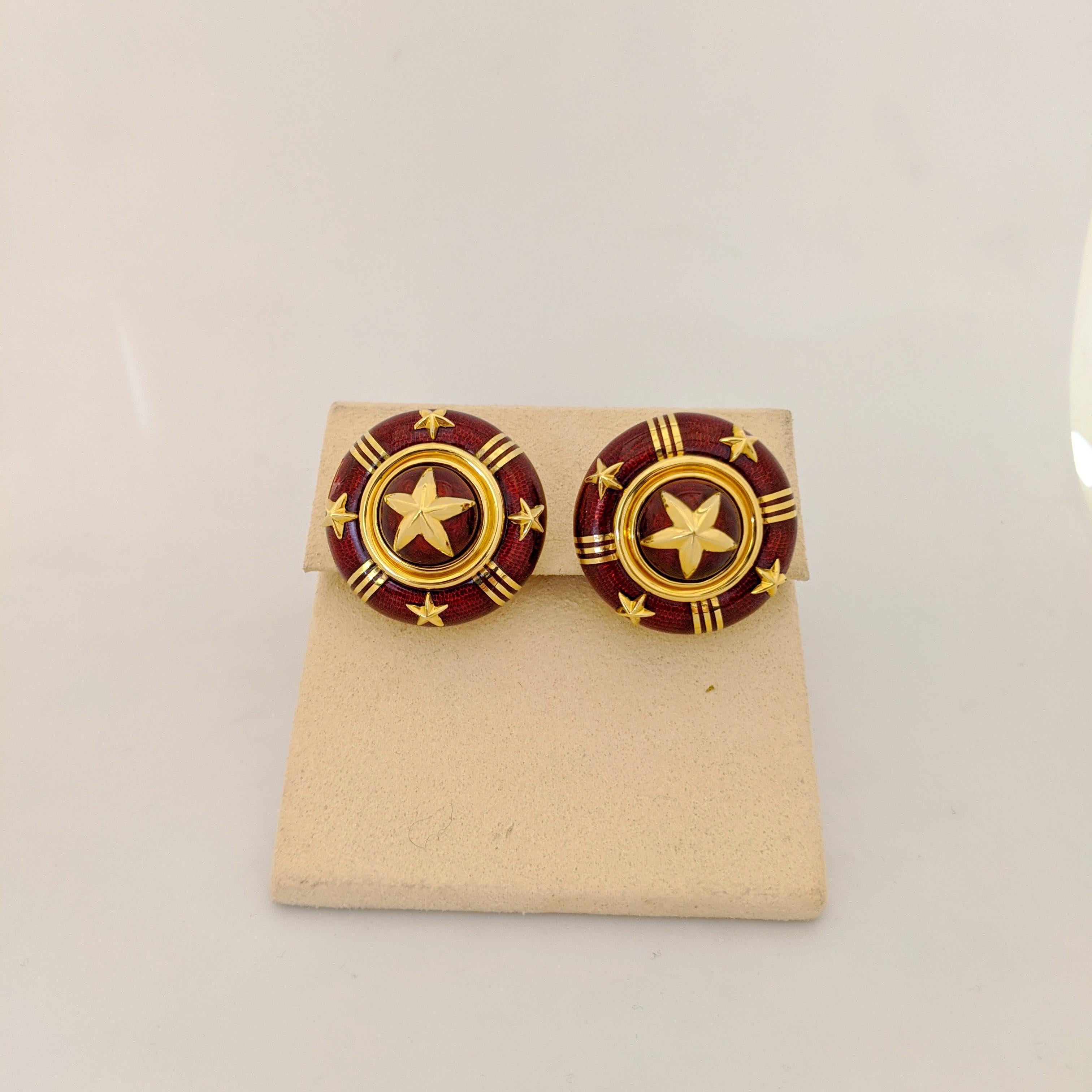 Retro Cellini Jewelers 18 Karat Yellow Gold and Red Enamel Star Earrings For Sale