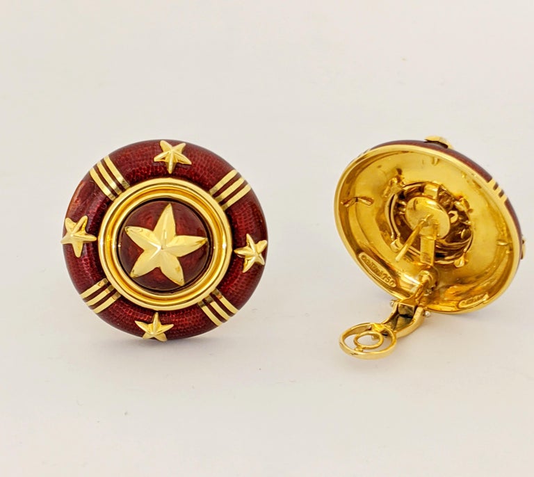 Cellini Jewelers 18 Karat Yellow Gold and Red Enamel Star Earrings For Sale 1