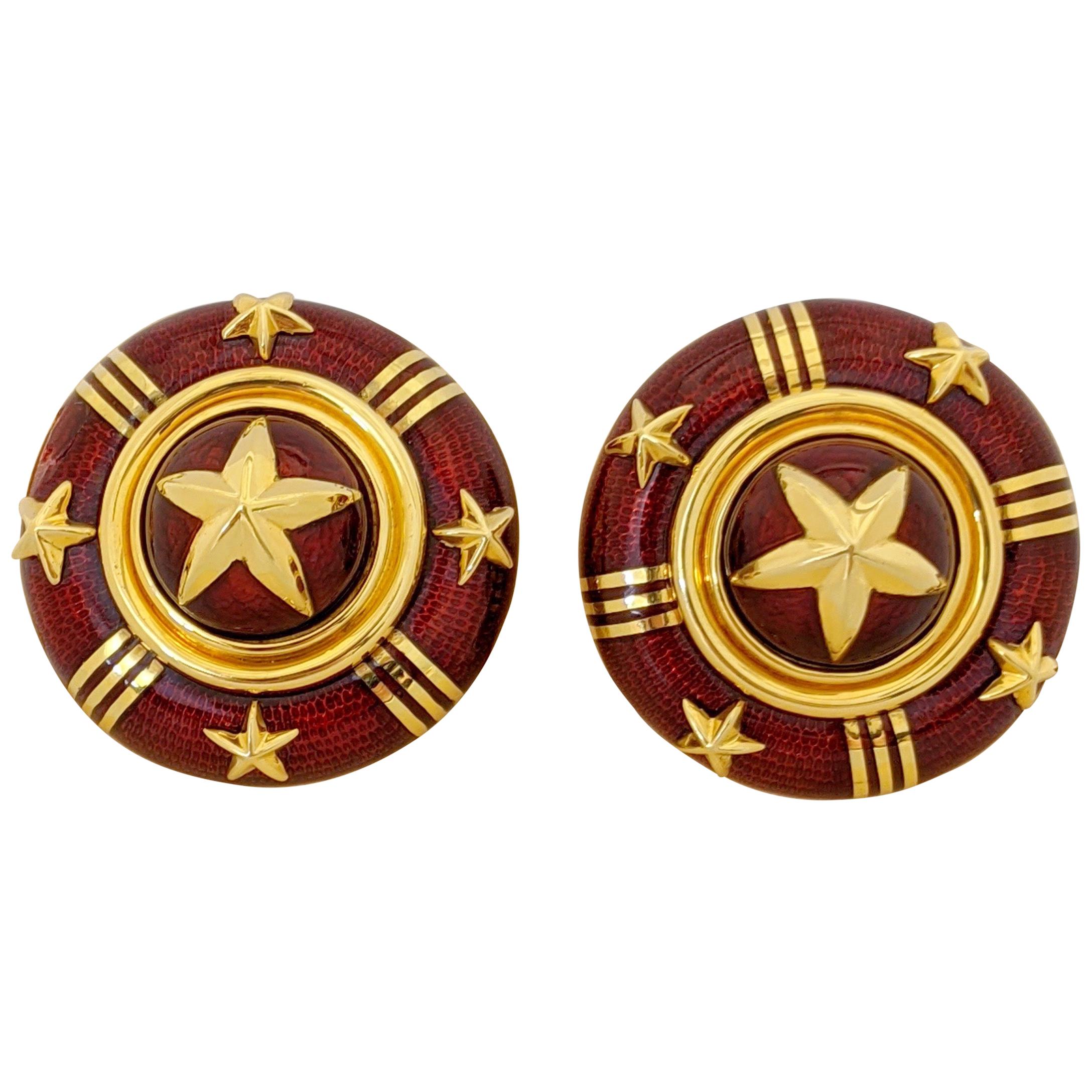 Cellini Jewelers 18 Karat Yellow Gold and Red Enamel Star Earrings