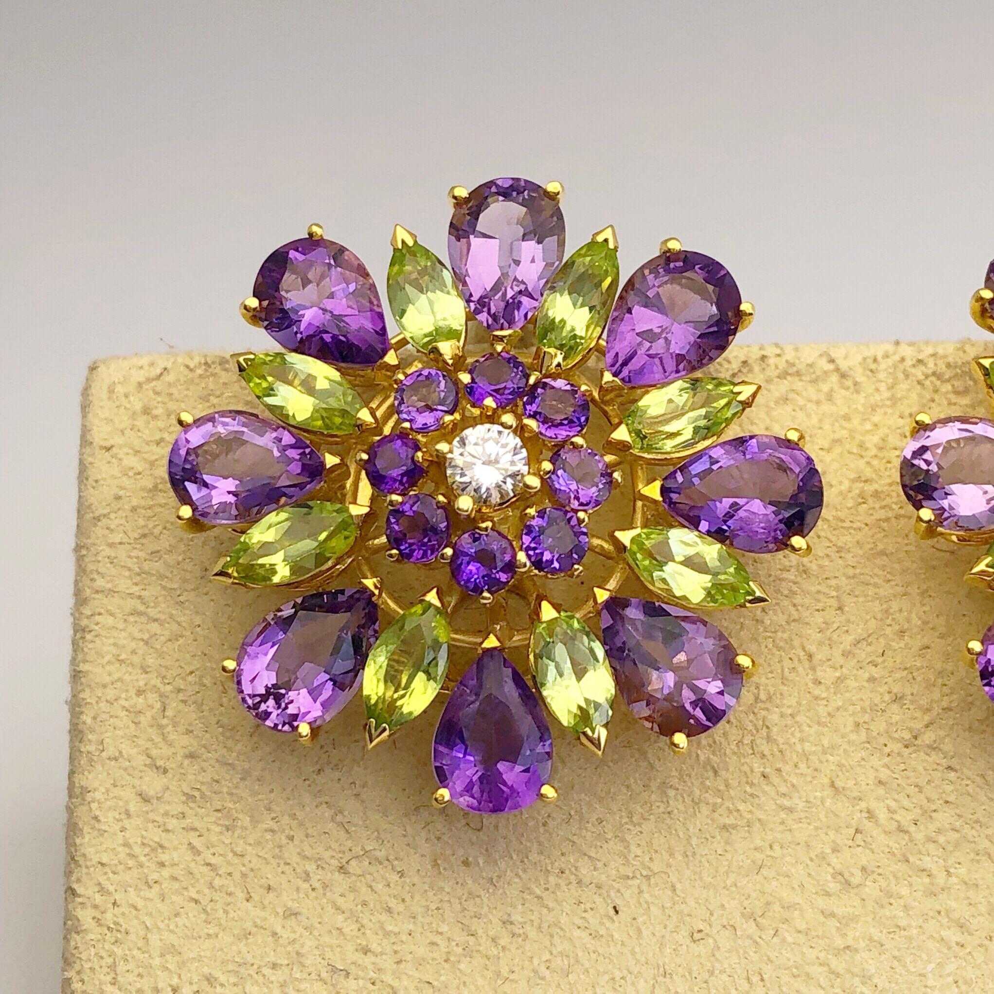 Made exclusively for Cellini by Barizza & Ci SRL of Italy. These flower earrings are designed with pear shaped  Amethyst and marquis shaped  stones as  Peridot petals. The center of the flowers are round Amethysts with a single  round brilliant