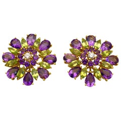 18 Karat Gold, 10.78 Carat Amethyst, 2.30 Carat Peridot and Diamond Earrings