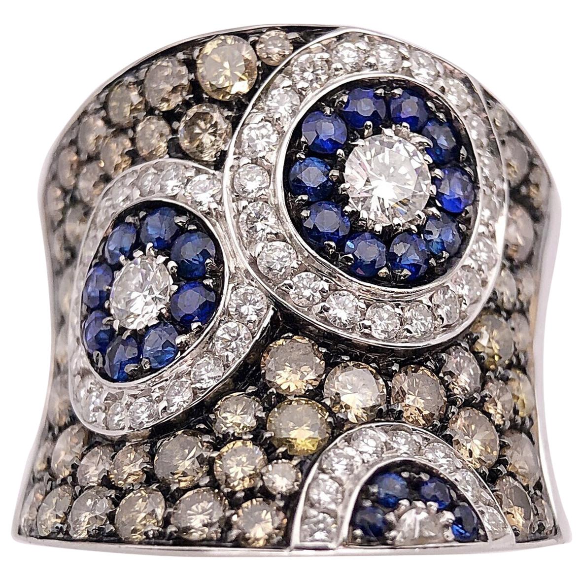 Cellini Jewelers: 18 Karat Gold Cellini Jewelers, 1,70 Karat Brauner und weißer Diamant und blauer Saphir im Angebot