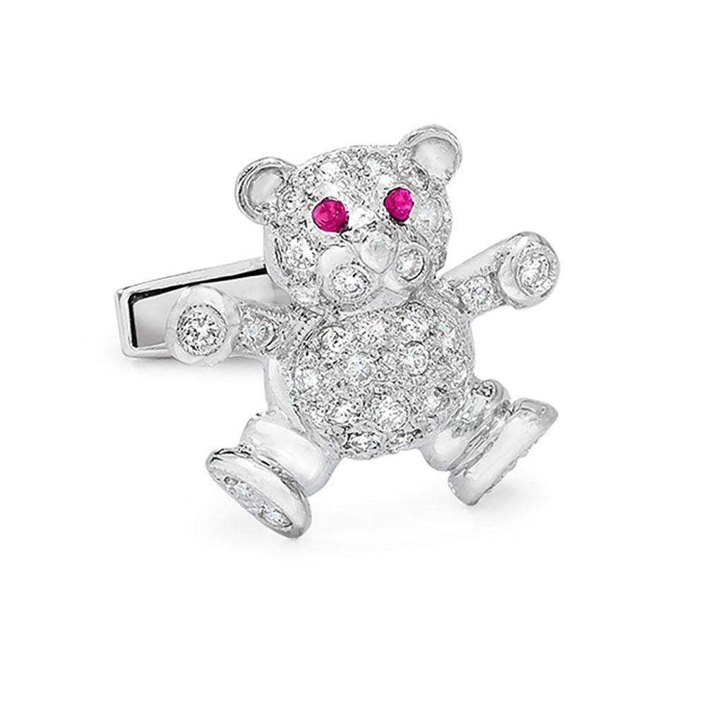 What could be cuter than diamond studs worn on a tuxedo!!
This 18Kt white gold and diamond set was made exclusively for Cellini. The teddy bears are pave diamond set and have ruby eyes. 
Cuff links total diamond weight  62 diamonds =.72ct , 4 rubies