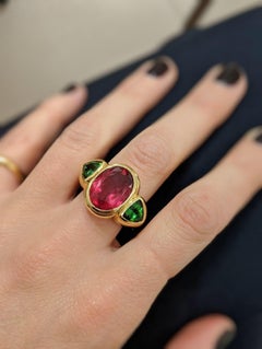 Gioielli Cellini in oro 18KT, 7,27Ct. Rubellite e 2,38Ct. Anello in tormalina verde